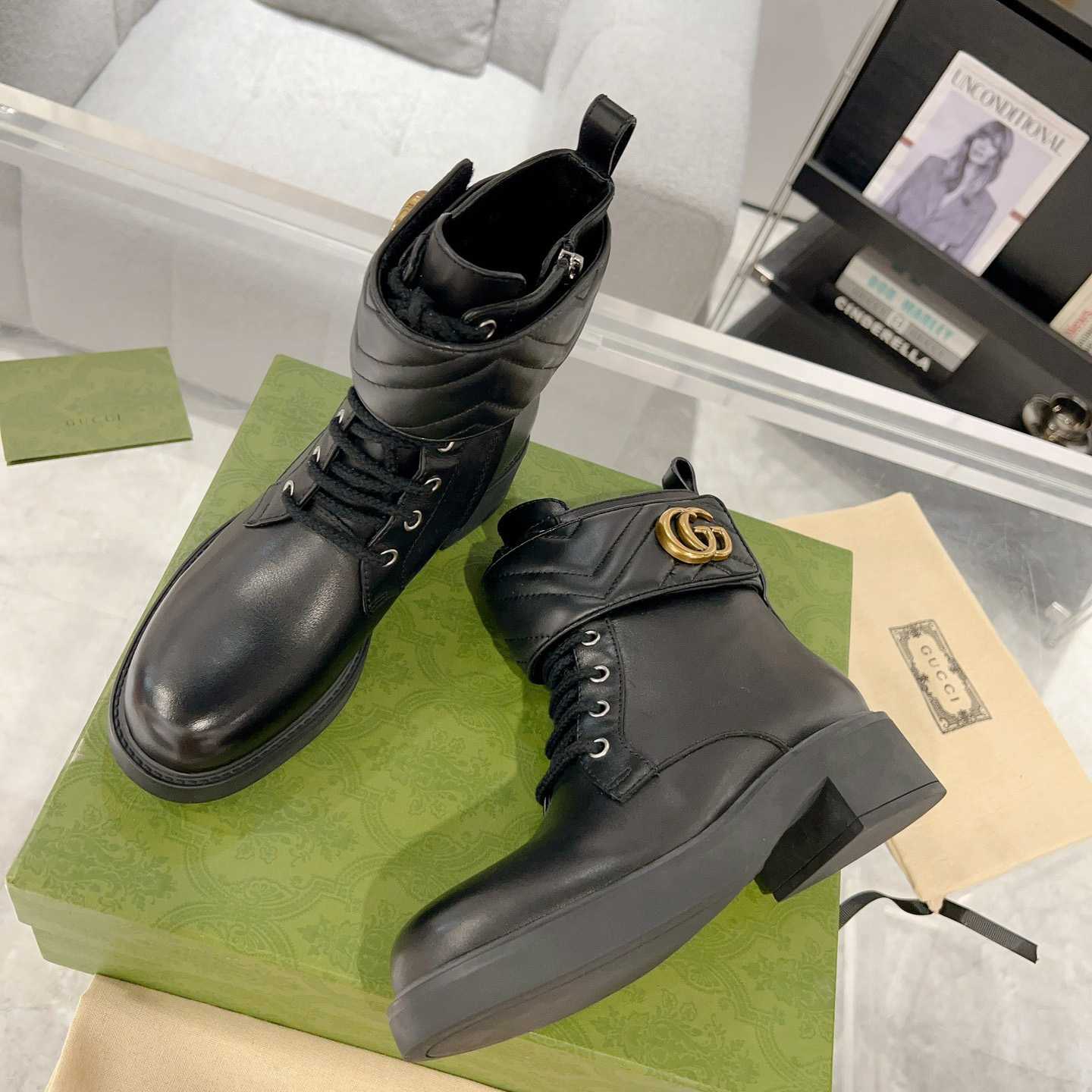 Gucci Marmont Logo-embellished Leather Ankle Boots  - FashionPlug