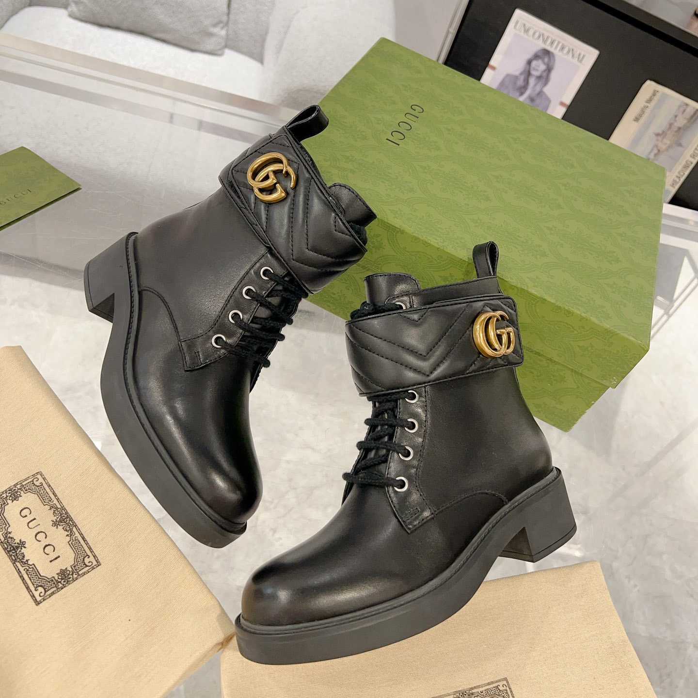 Gucci Marmont Logo-embellished Leather Ankle Boots  - FashionPlug
