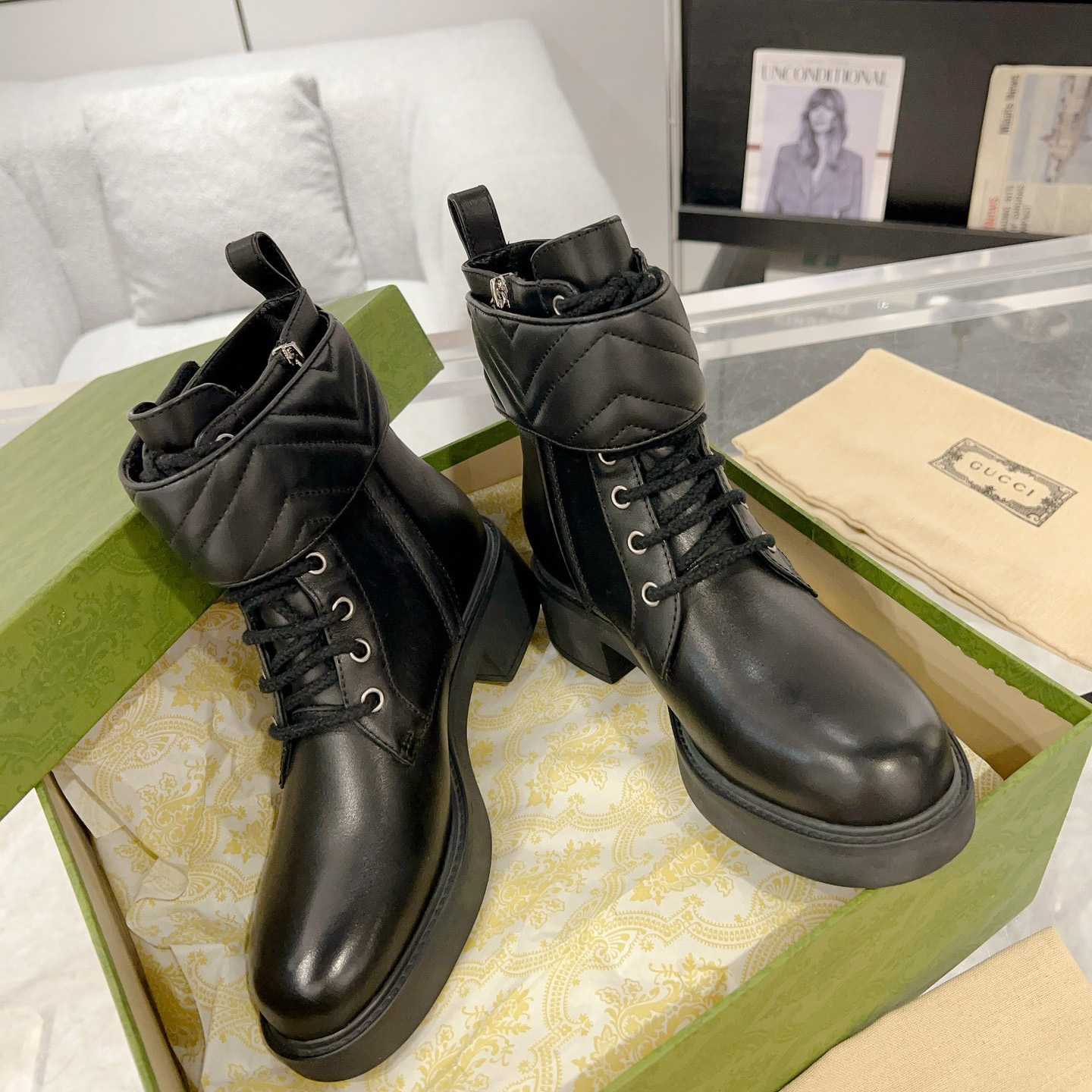 Gucci Marmont Logo-embellished Leather Ankle Boots  - FashionPlug