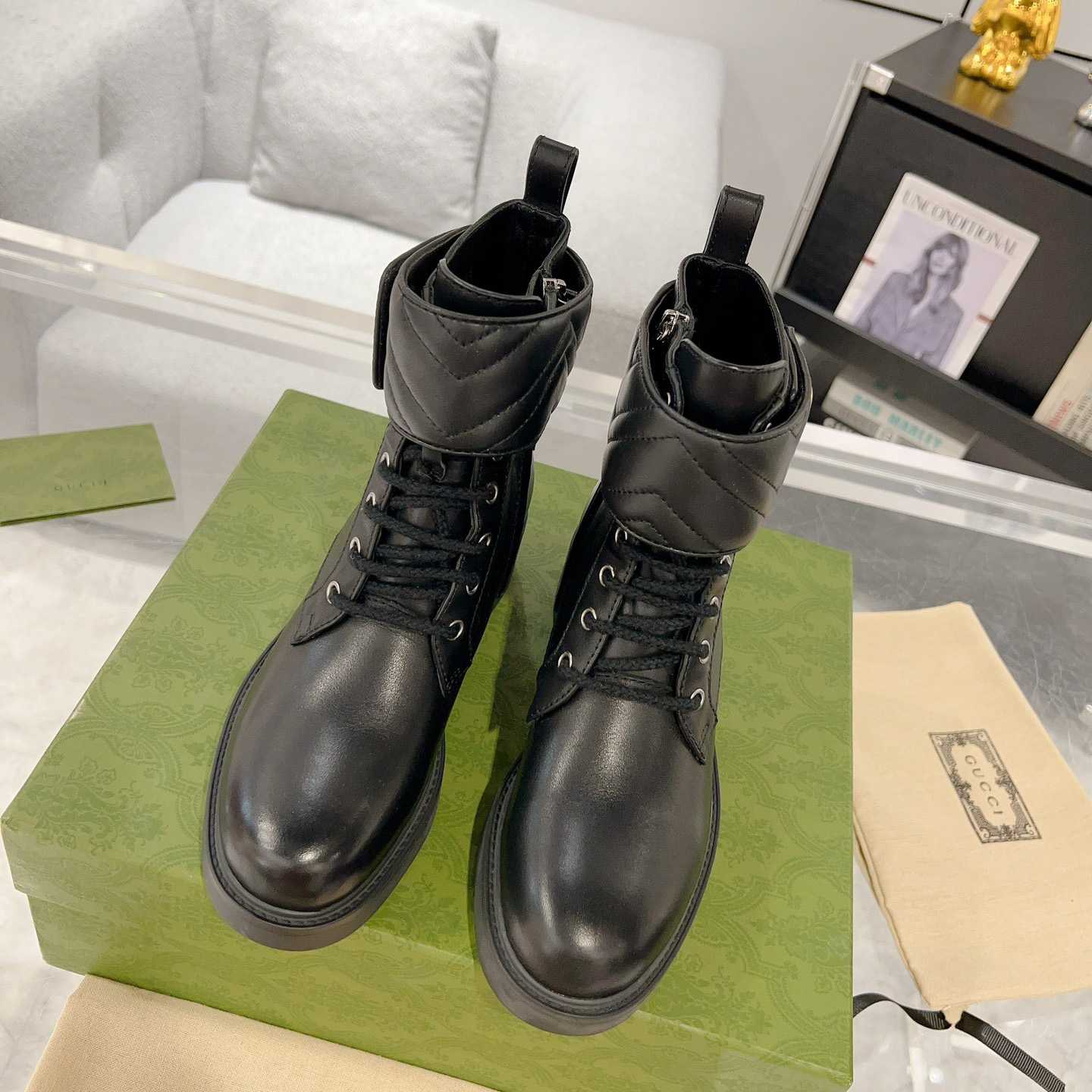 Gucci Marmont Logo-embellished Leather Ankle Boots  - FashionPlug