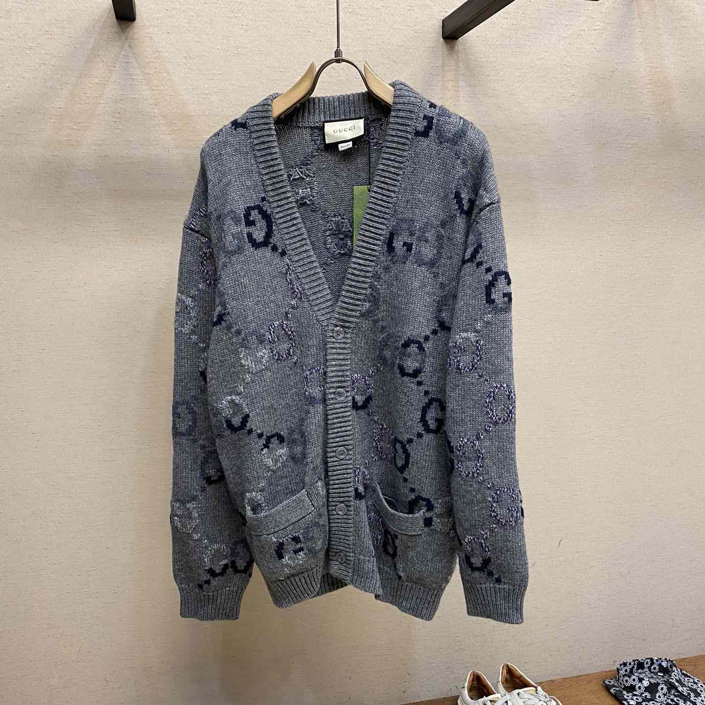 Gucci Wool Cardigan With GG Intarsia - FashionPlug