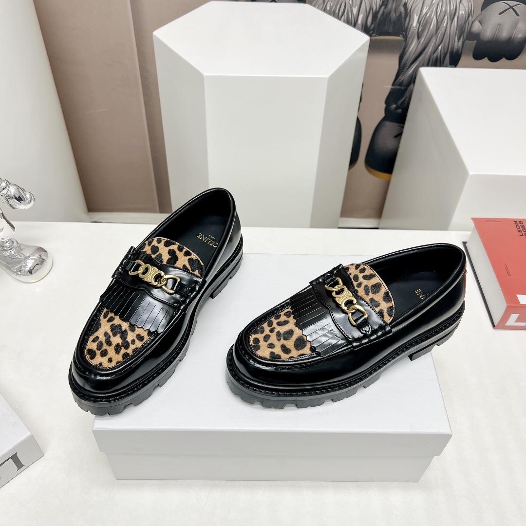 Celine Margaret Loafer With Triomphe In Polished Bull & Leopard Printed Hairy Calfskin Cal - FashionPlug