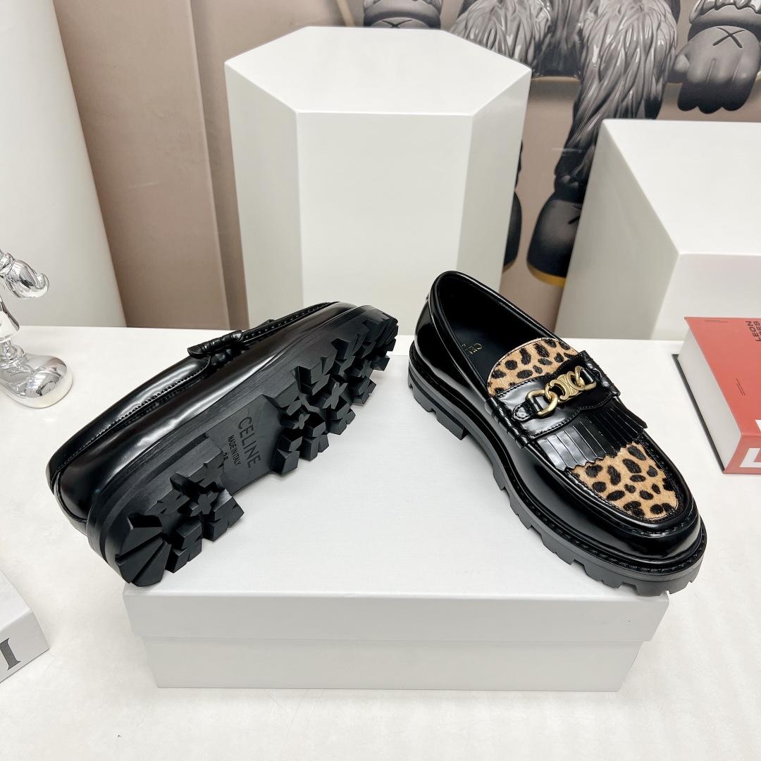 Celine Margaret Loafer With Triomphe In Polished Bull & Leopard Printed Hairy Calfskin Cal - FashionPlug