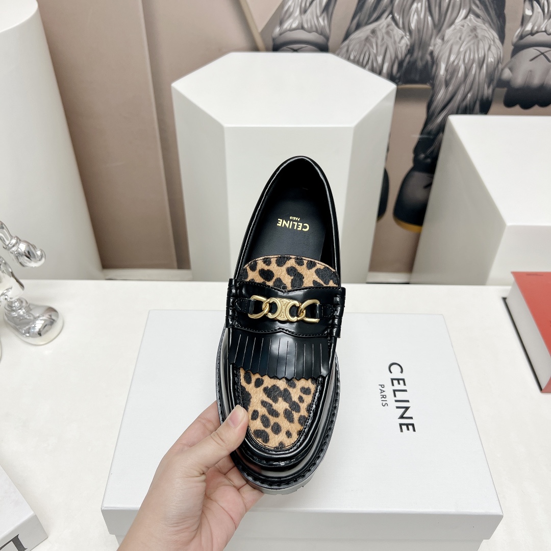 Celine Margaret Loafer With Triomphe In Polished Bull & Leopard Printed Hairy Calfskin Cal - FashionPlug