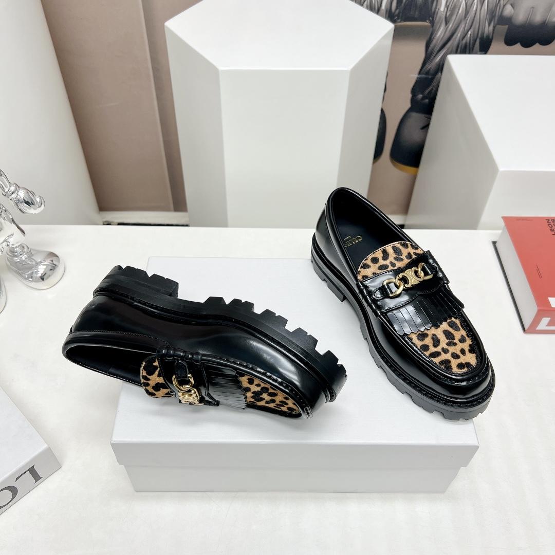 Celine Margaret Loafer With Triomphe In Polished Bull & Leopard Printed Hairy Calfskin Cal - FashionPlug