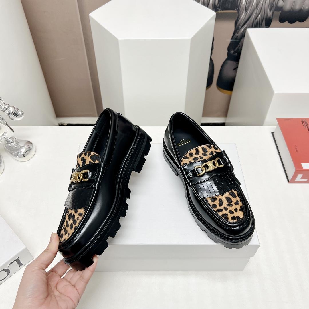 Celine Margaret Loafer With Triomphe In Polished Bull & Leopard Printed Hairy Calfskin Cal - FashionPlug