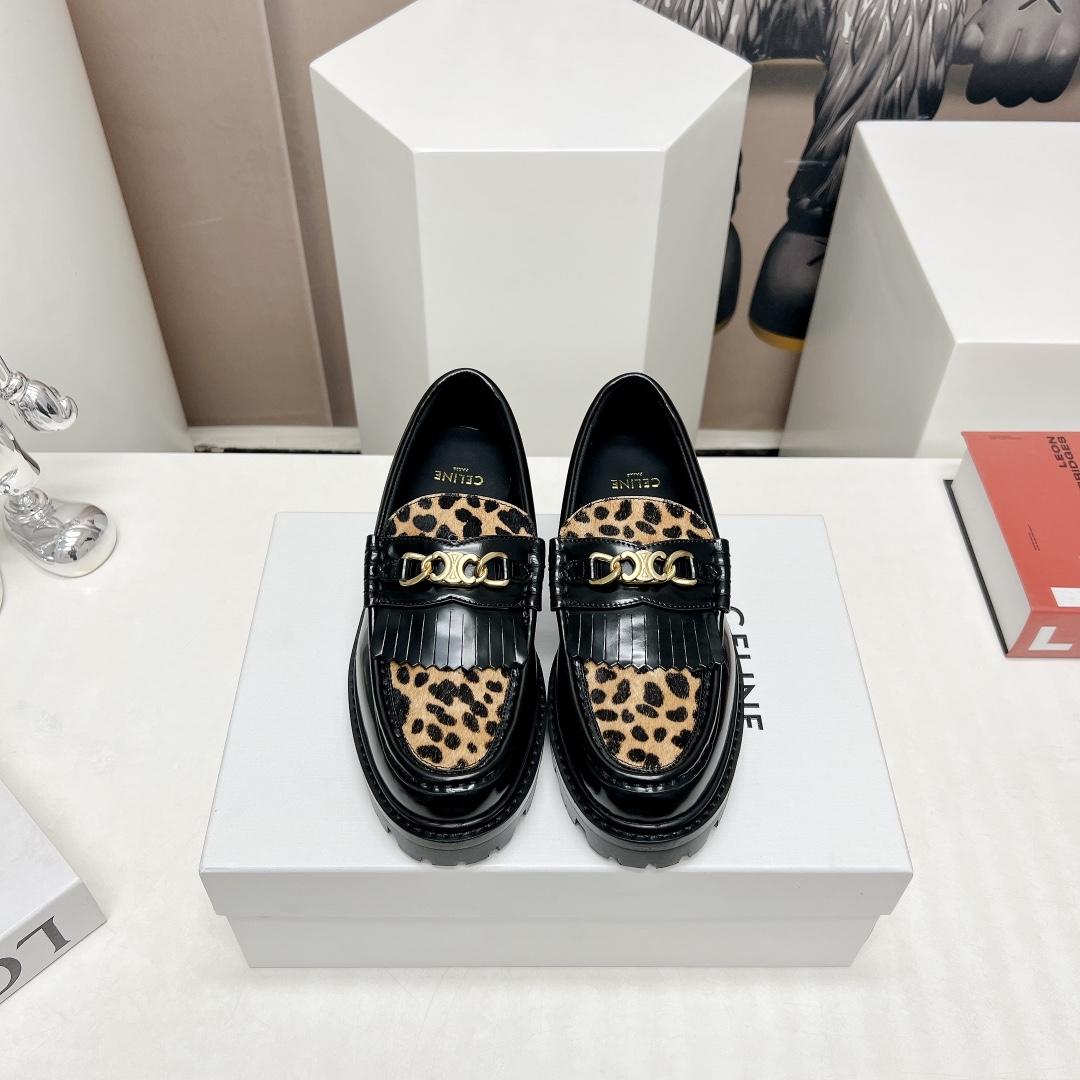 Celine Margaret Loafer With Triomphe In Polished Bull & Leopard Printed Hairy Calfskin Cal - FashionPlug