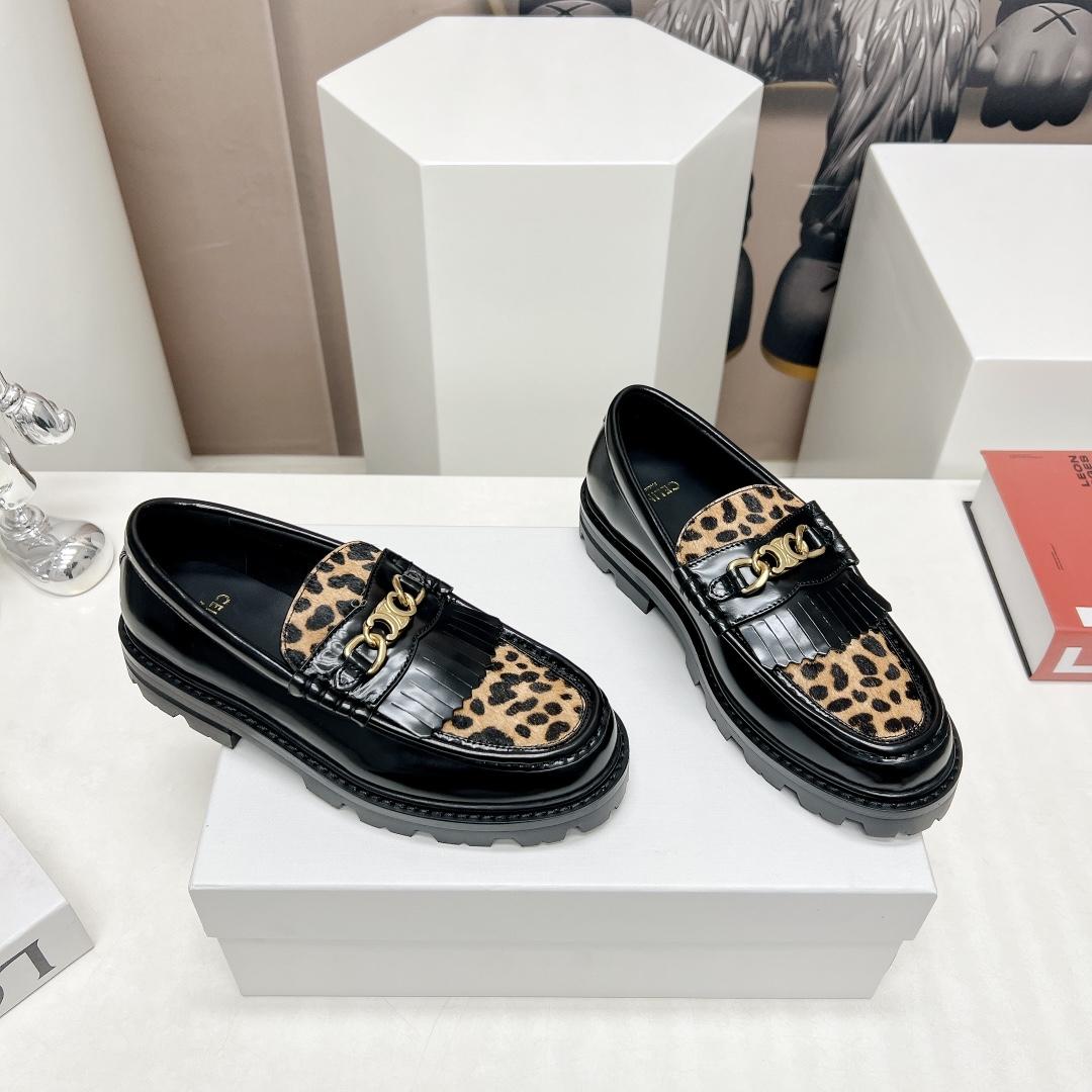 Celine Margaret Loafer With Triomphe In Polished Bull & Leopard Printed Hairy Calfskin Cal - FashionPlug