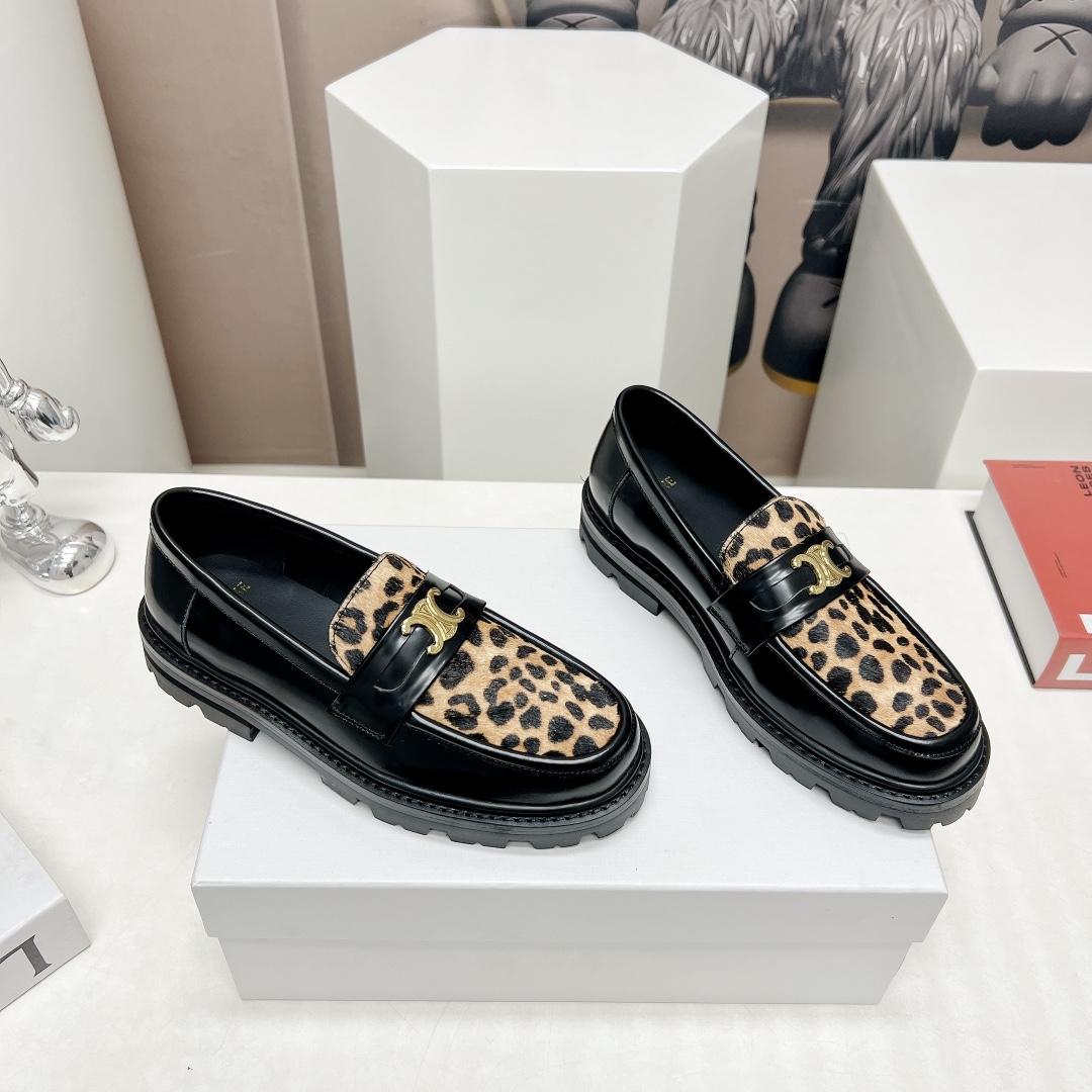Celine Margaret Loafer With Triomphe In Polished Bull & Leopard Printed Hairy Calfskin Cal - FashionPlug