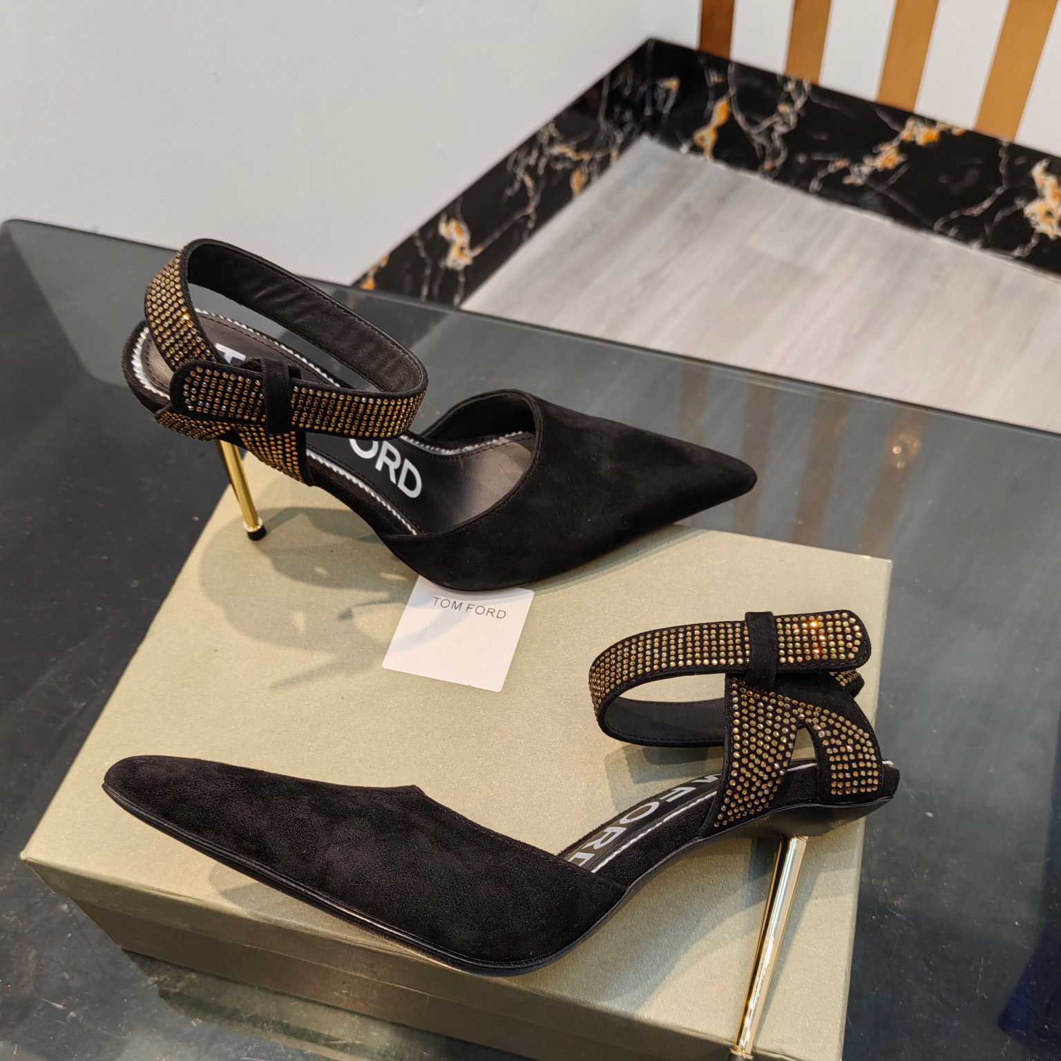 Tom Ford Asymmetric Crystal Ankle Strap Pumps - FashionPlug