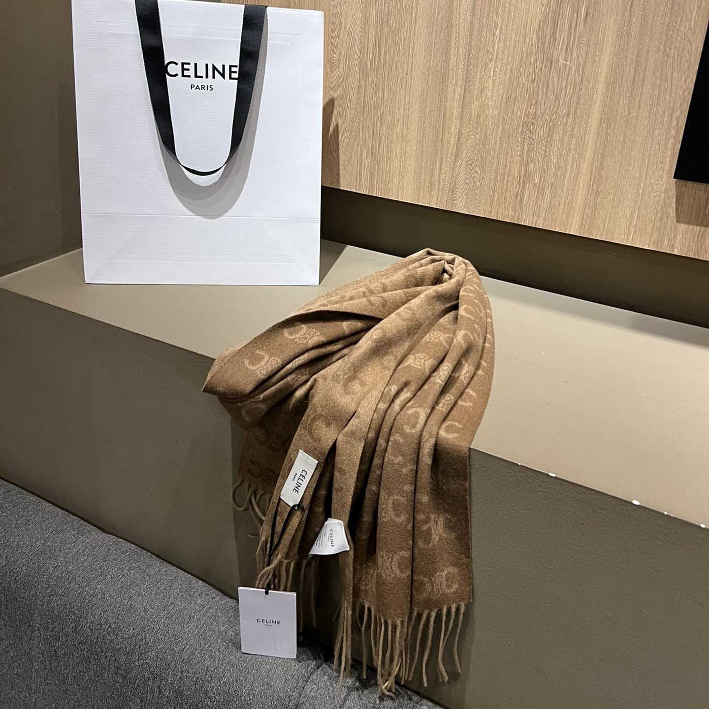 Celine Scarf In Monogram Cashmere Beige/toffee - FashionPlug