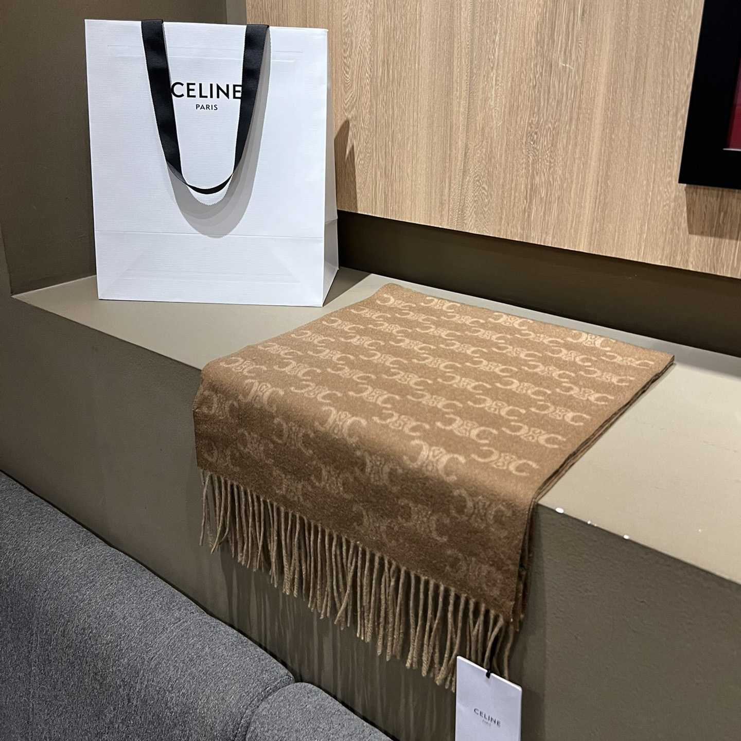 Celine Scarf In Monogram Cashmere Beige/toffee - FashionPlug