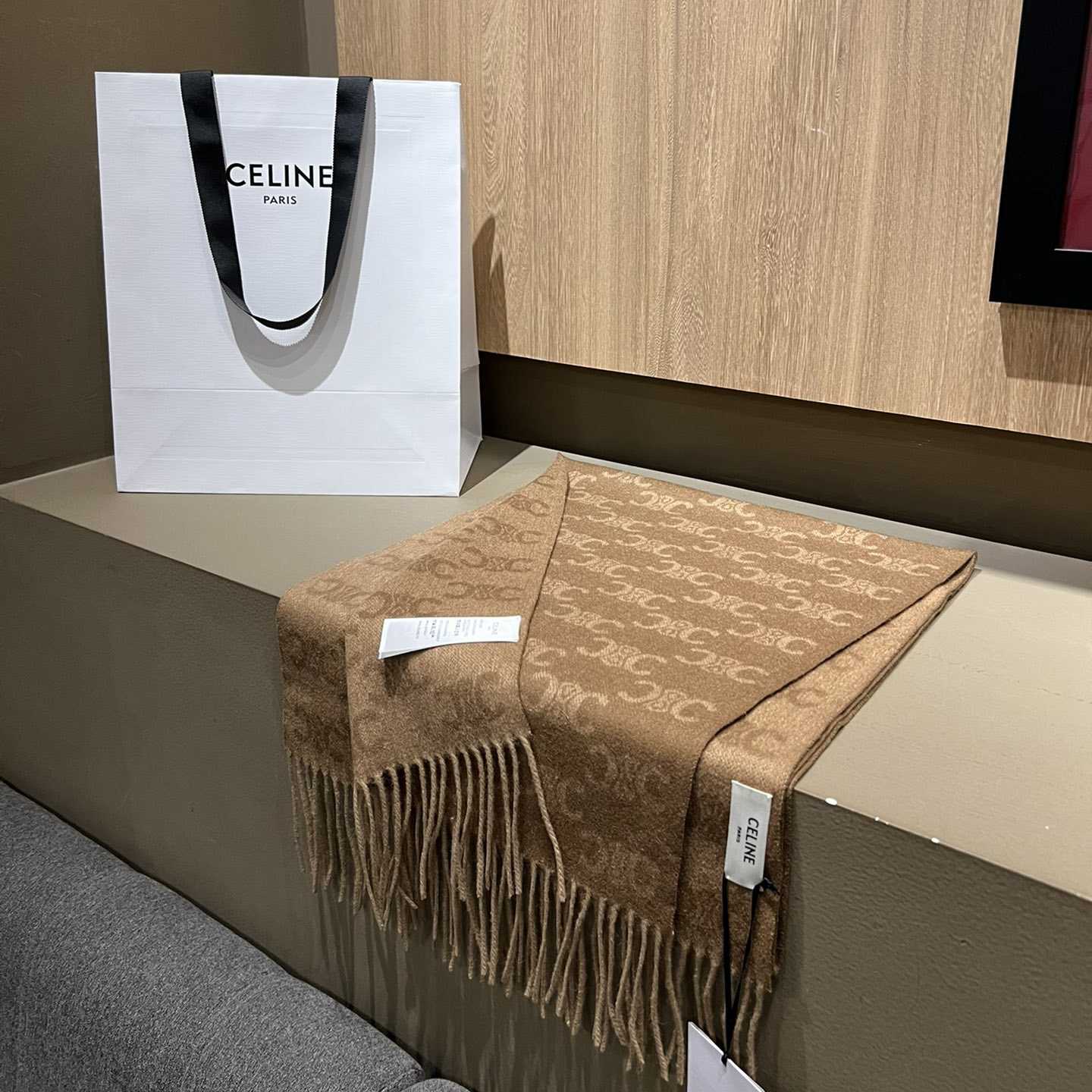 Celine Scarf In Monogram Cashmere Beige/toffee - FashionPlug