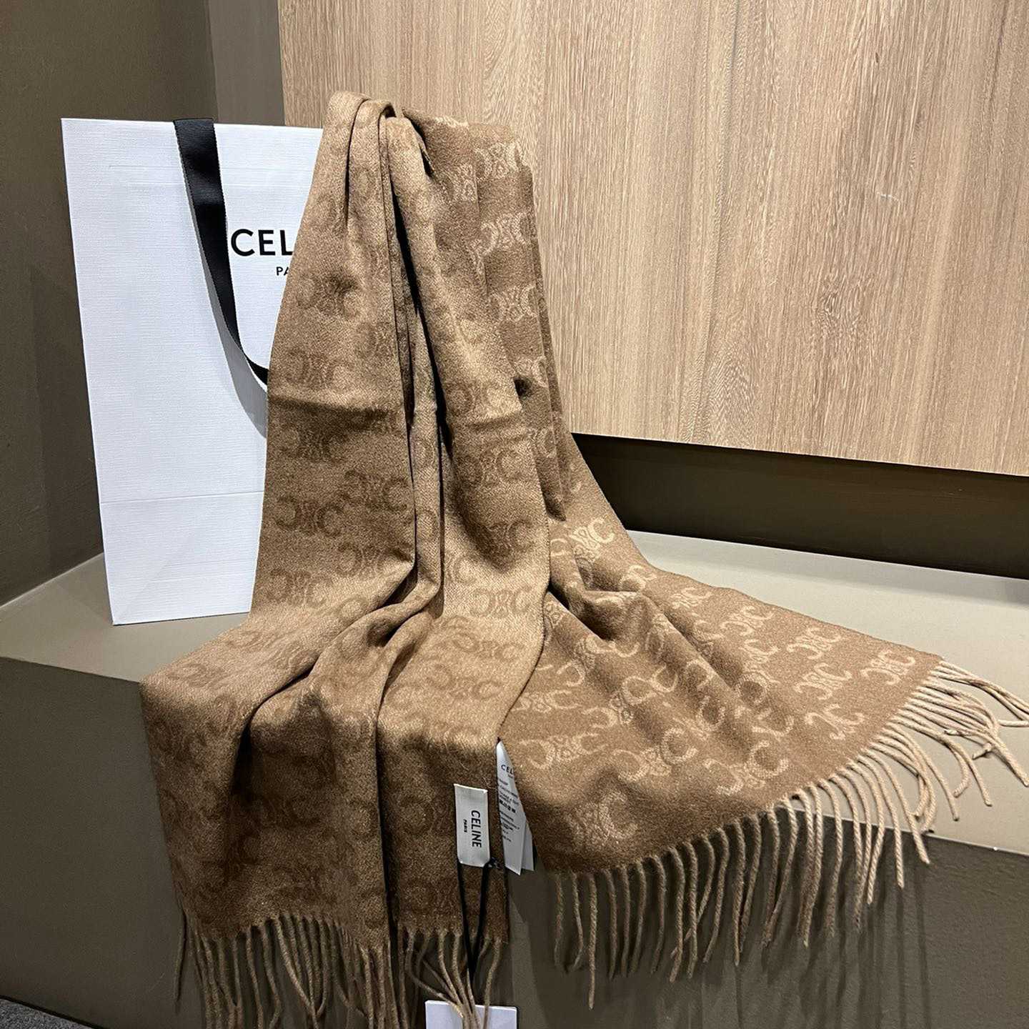 Celine Scarf In Monogram Cashmere Beige/toffee - FashionPlug