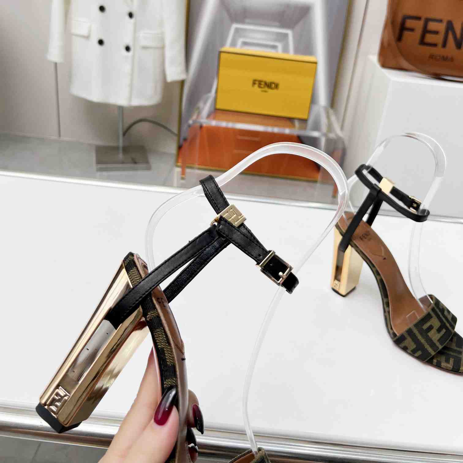 Fendi Delfina Brown Fabric High-heeled Sandals - FashionPlug