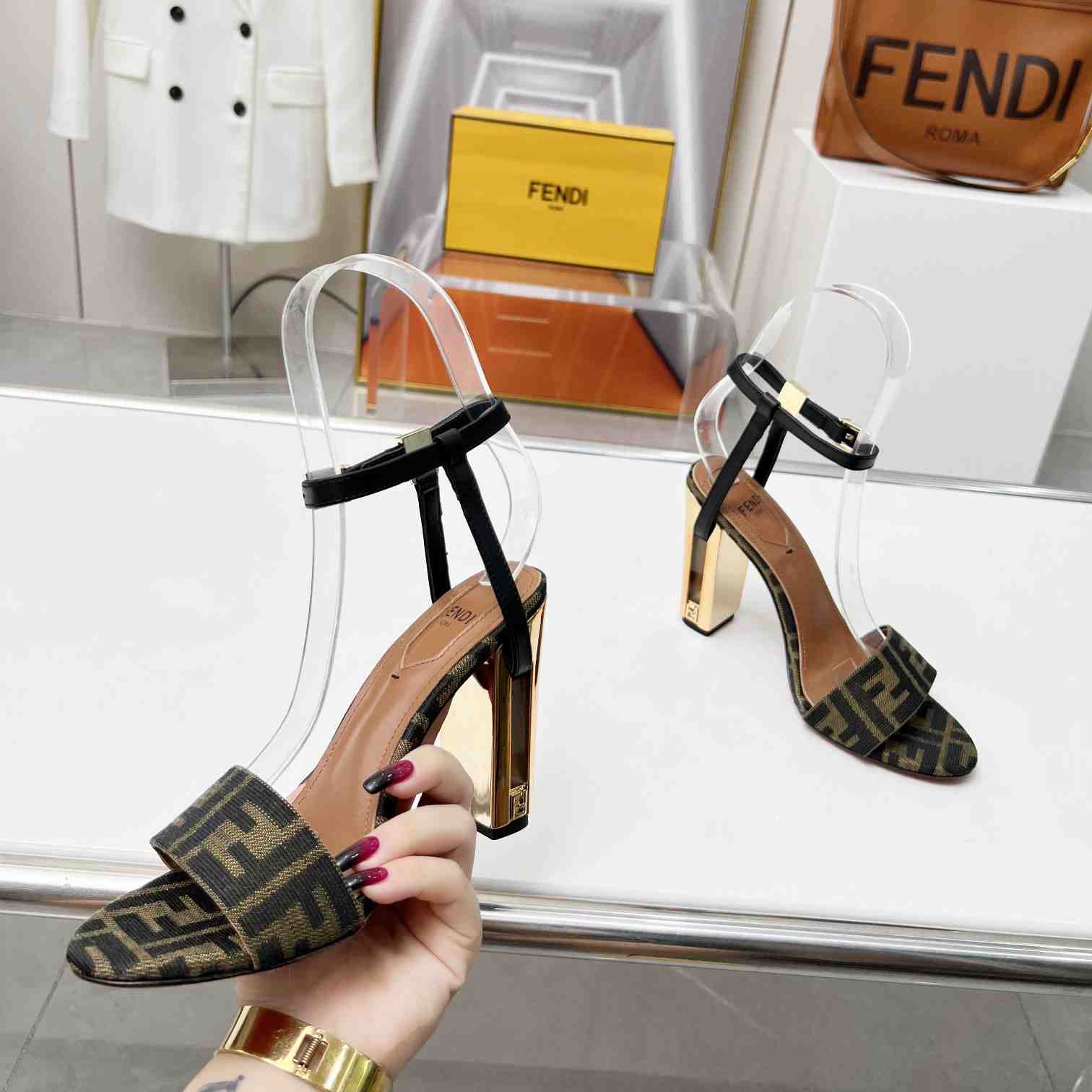Fendi Delfina Brown Fabric High-heeled Sandals - FashionPlug