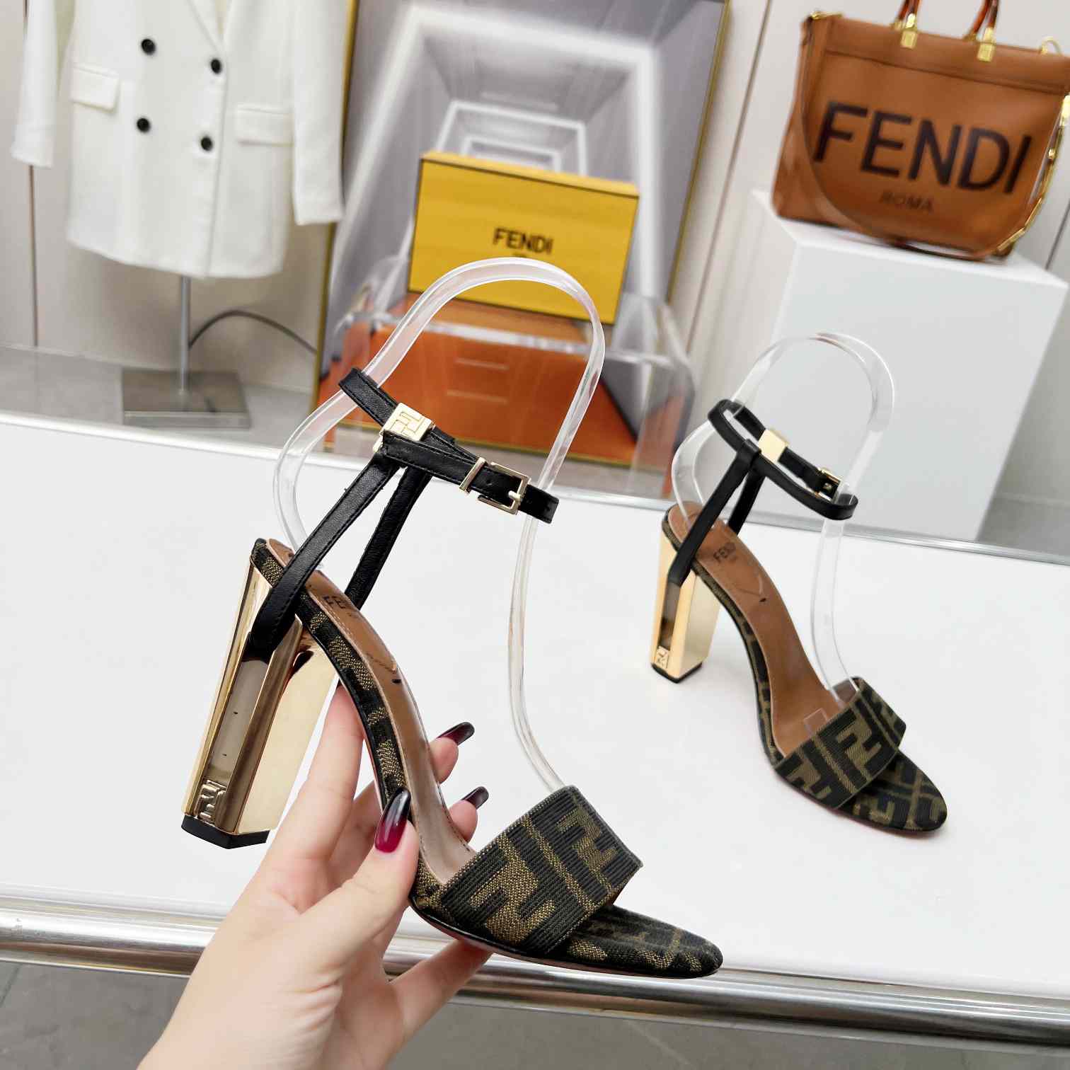 Fendi Delfina Brown Fabric High-heeled Sandals - FashionPlug