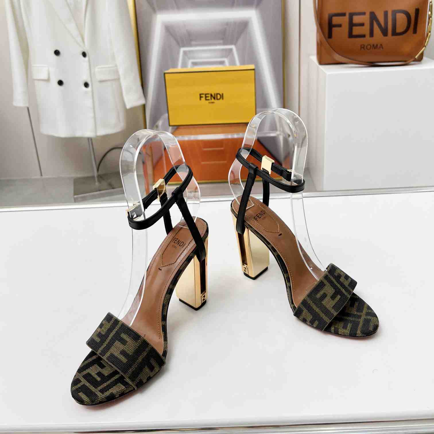 Fendi Delfina Brown Fabric High-heeled Sandals - FashionPlug