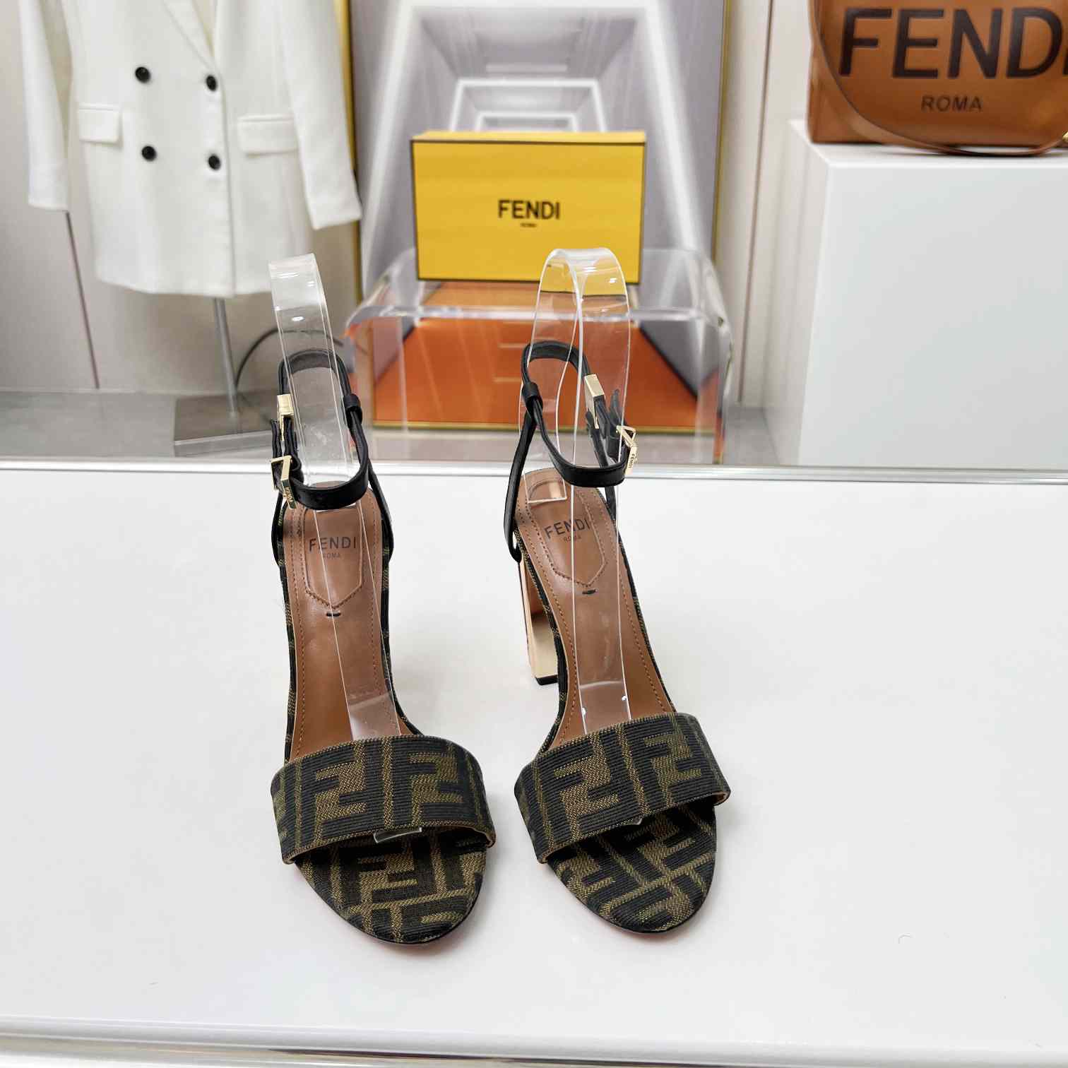 Fendi Delfina Brown Fabric High-heeled Sandals - FashionPlug
