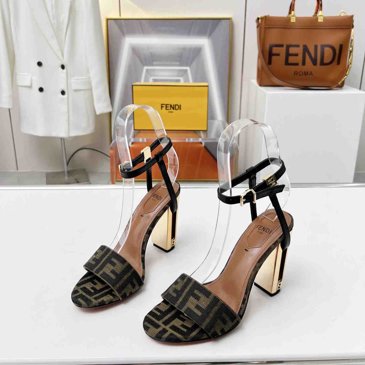 Fendi Delfina Brown Fabric High-heeled Sandals - FashionPlug