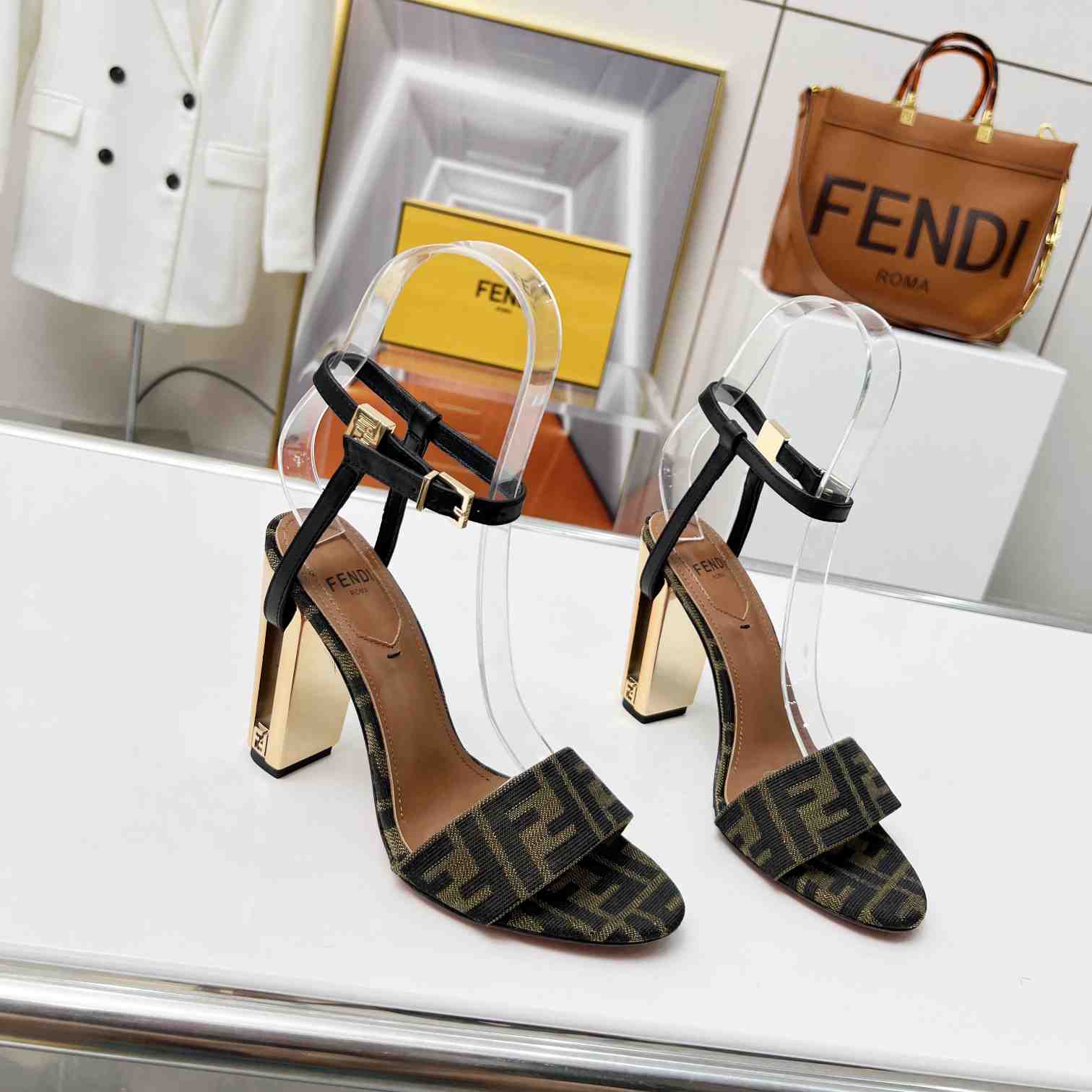 Fendi Delfina Brown Fabric High-heeled Sandals - FashionPlug