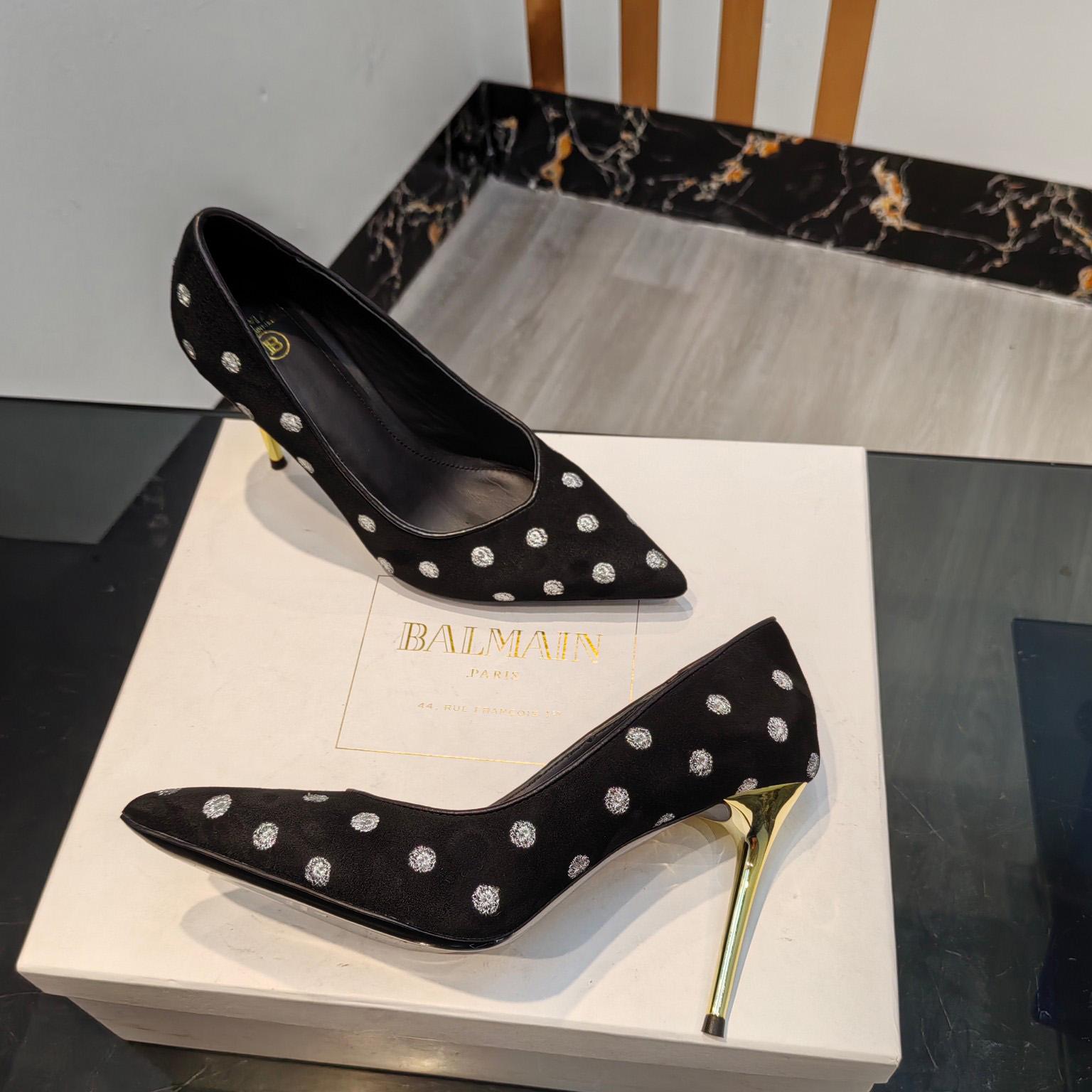 Balmain Polka Dot Velvet Pumps  - FashionPlug