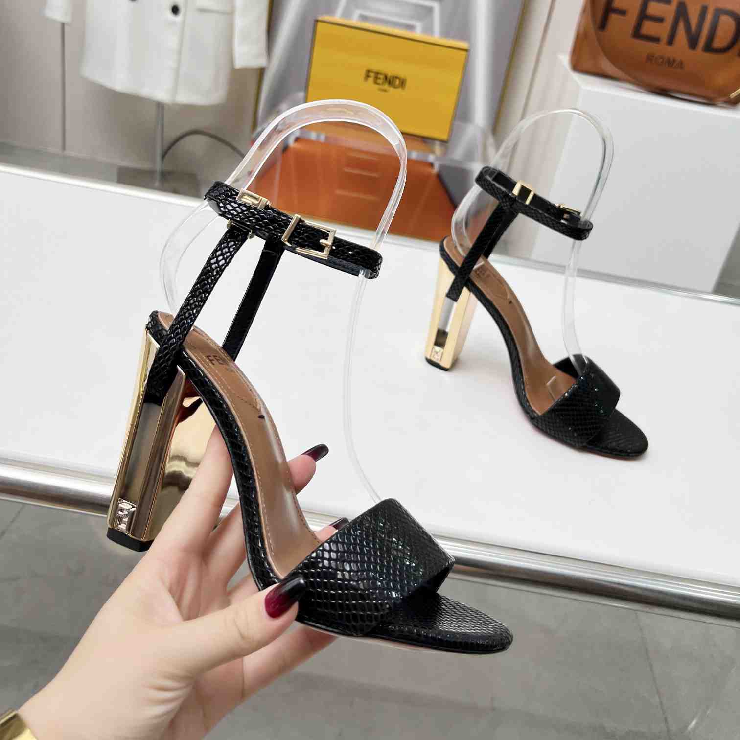 Fendi Delfina Black karung High-heeled Sandals - FashionPlug