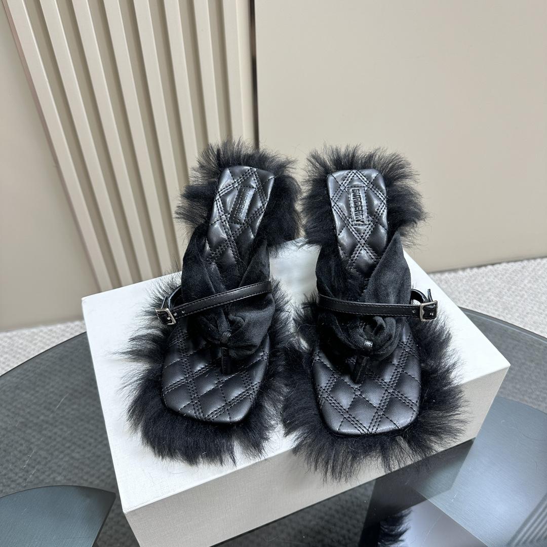 Burberry Shearling Step Post Sandals - FashionPlug