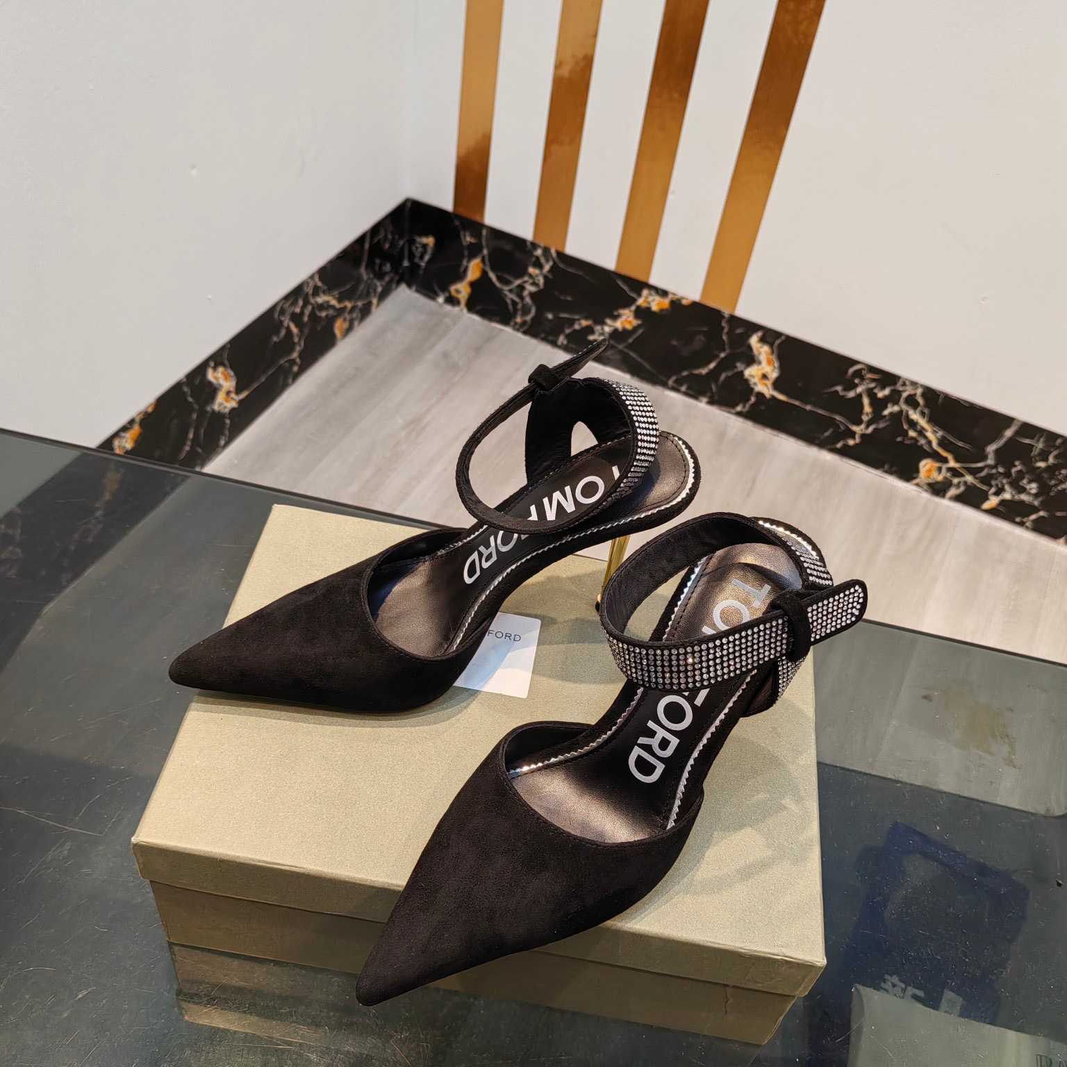Tom Ford Asymmetric Crystal Ankle Strap Pumps - FashionPlug