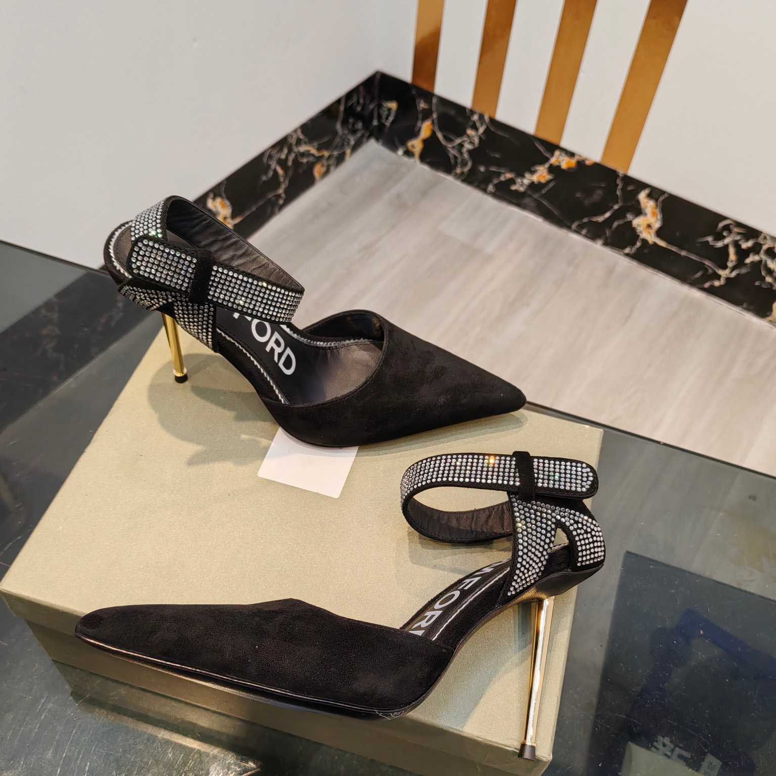 Tom Ford Asymmetric Crystal Ankle Strap Pumps - FashionPlug
