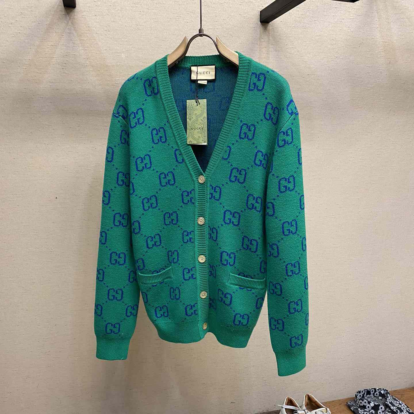 Gucci Green Knit GG Cardigan  - FashionPlug