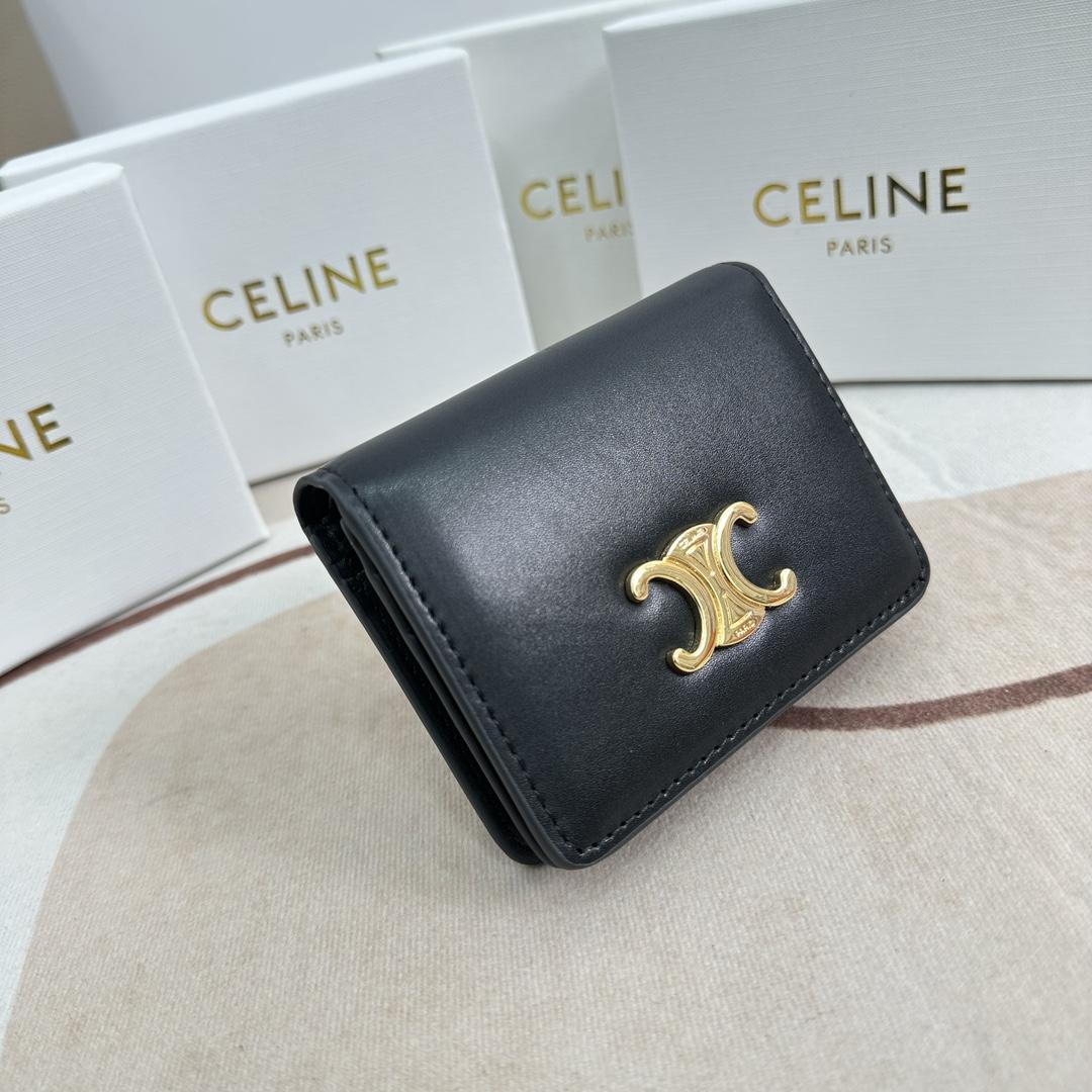 Celine Triomphe Compact Wallet In Shiny Calfskin - FashionPlug