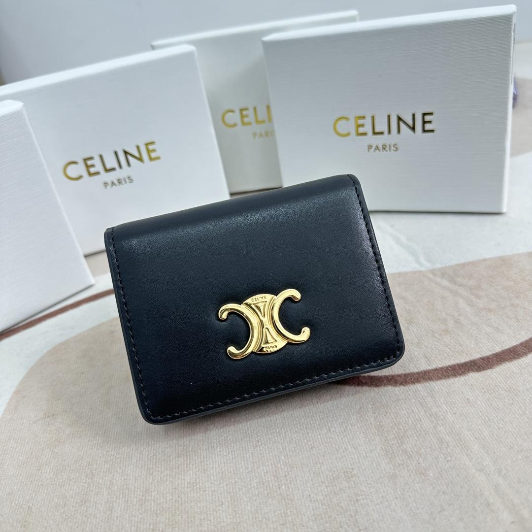 Celine Triomphe Compact Wallet In Shiny Calfskin - FashionPlug