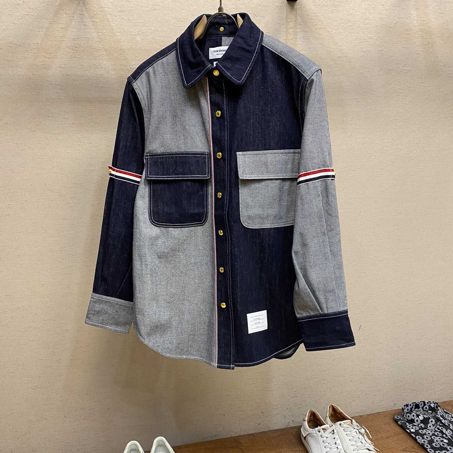 Thom Browne Selvedge Denim Armband Supersized Mini Shirtdress - FashionPlug