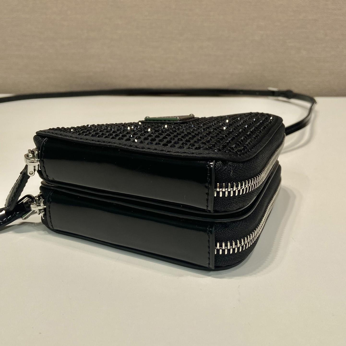 Prada Triangular Embellished Satin And Leather Mini-pouch - FashionPlug