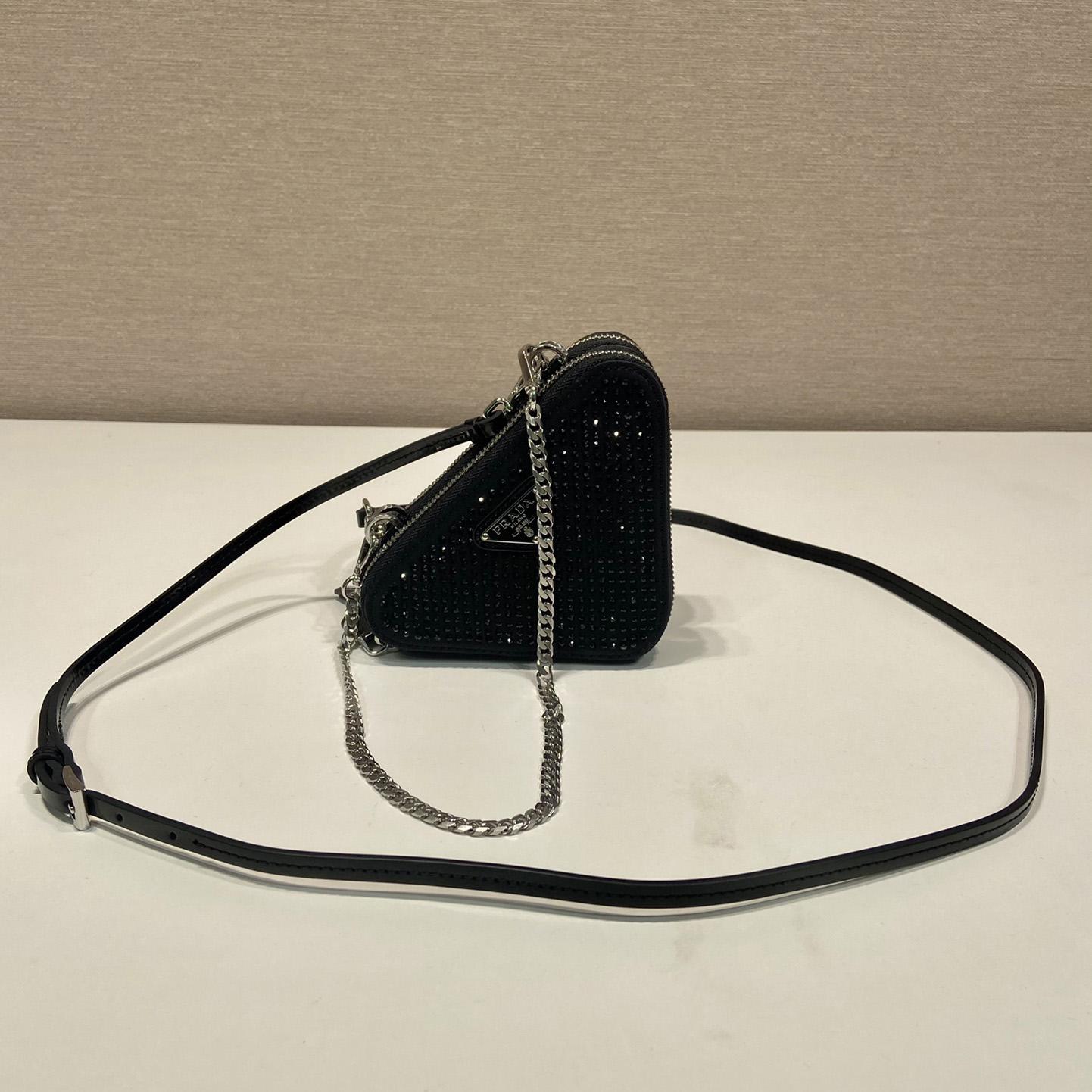 Prada Triangular Embellished Satin And Leather Mini-pouch - FashionPlug