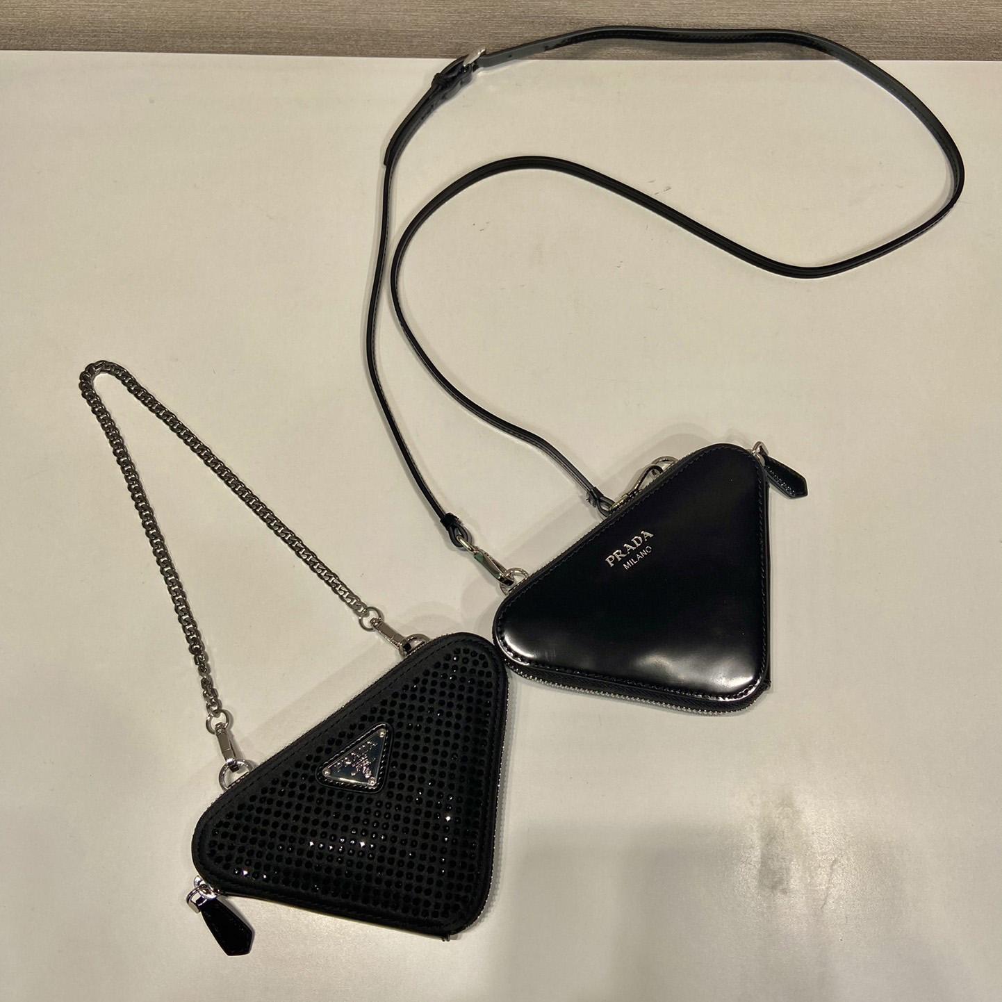 Prada Triangular Embellished Satin And Leather Mini-pouch - FashionPlug