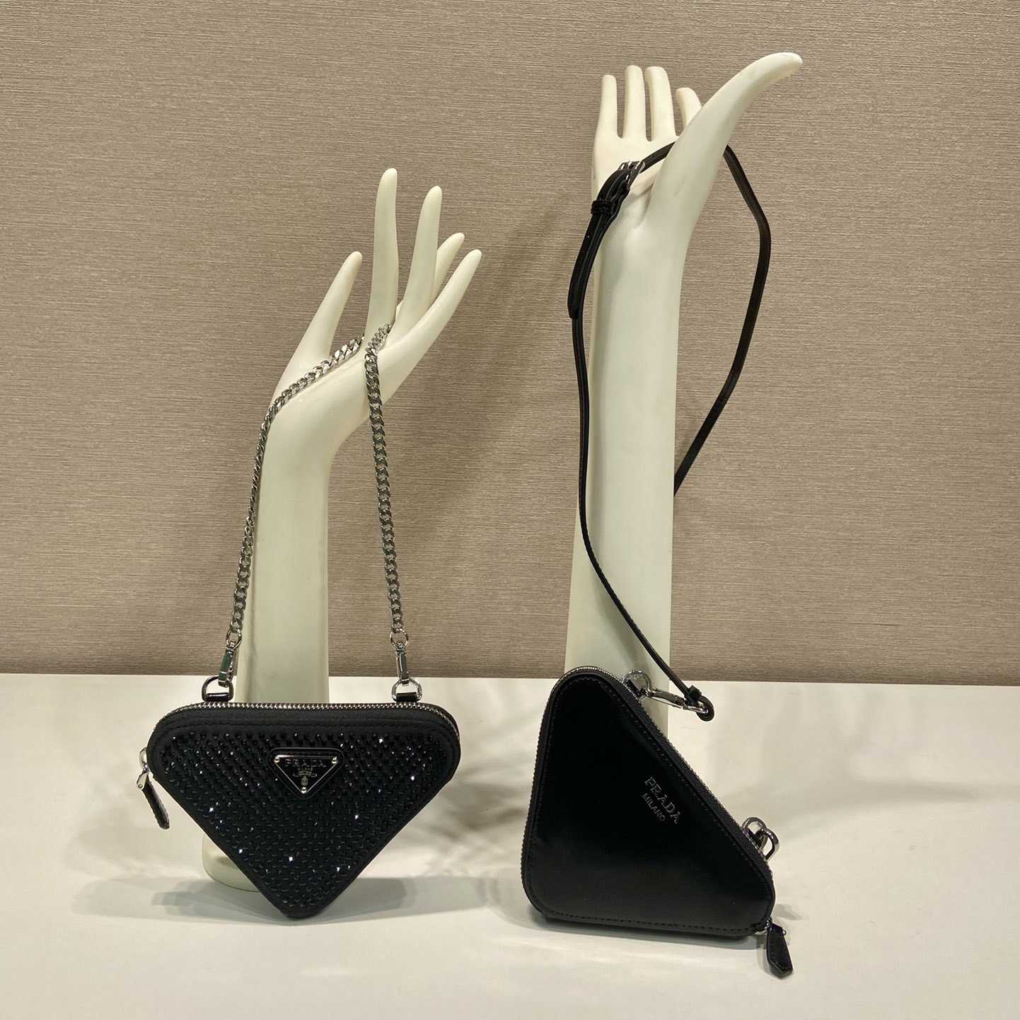 Prada Triangular Embellished Satin And Leather Mini-pouch - FashionPlug