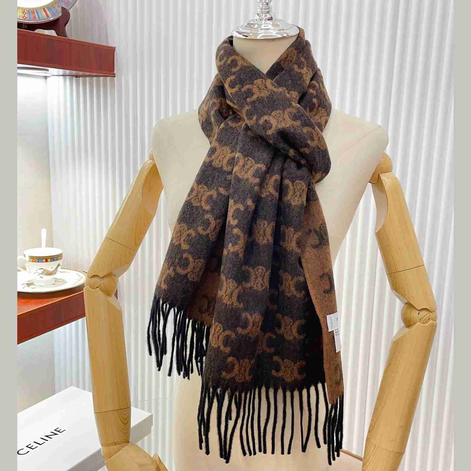 Celine Fringed Scarf In Monogram Cashmere  - FashionPlug