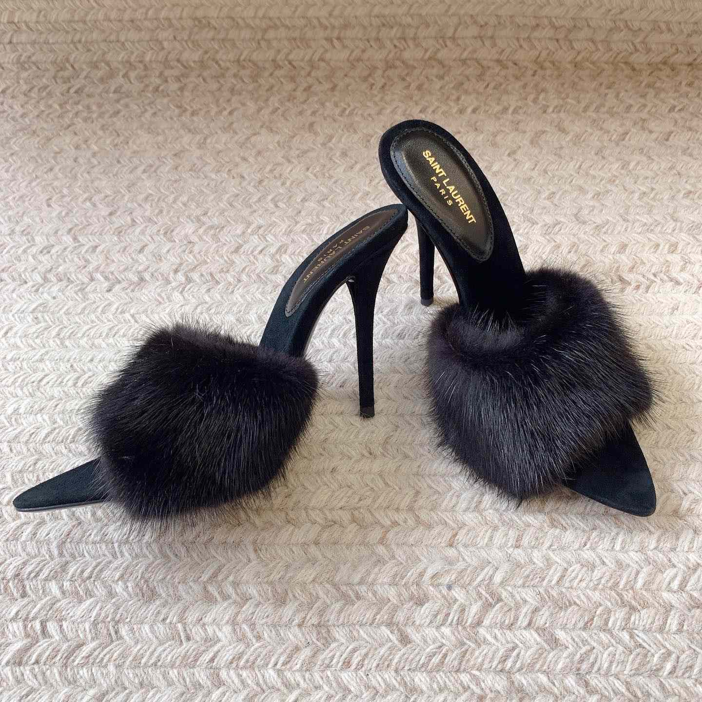 Saint Laurent LA 16 Mules In Animal-Free Fur And Suede  - FashionPlug