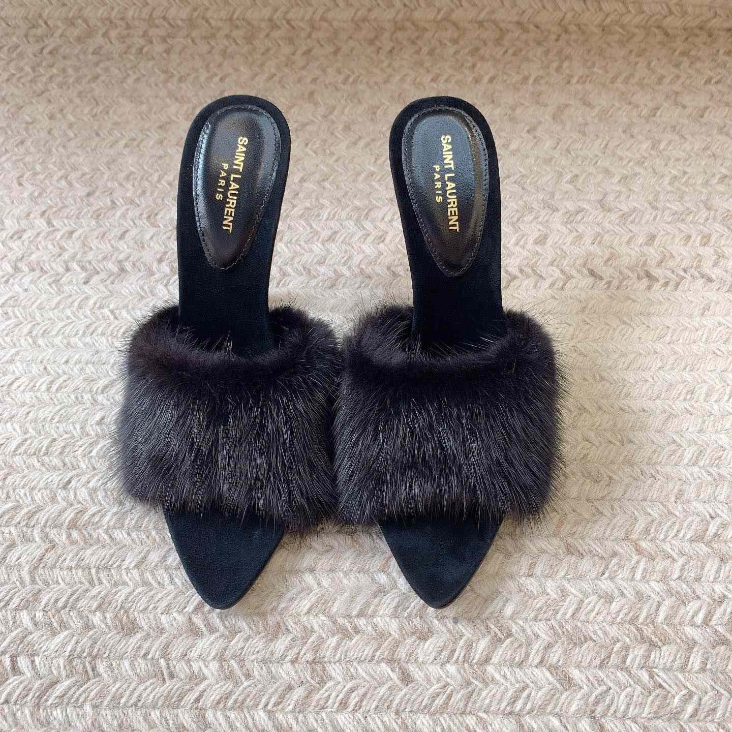 Saint Laurent LA 16 Mules In Animal-Free Fur And Suede  - FashionPlug