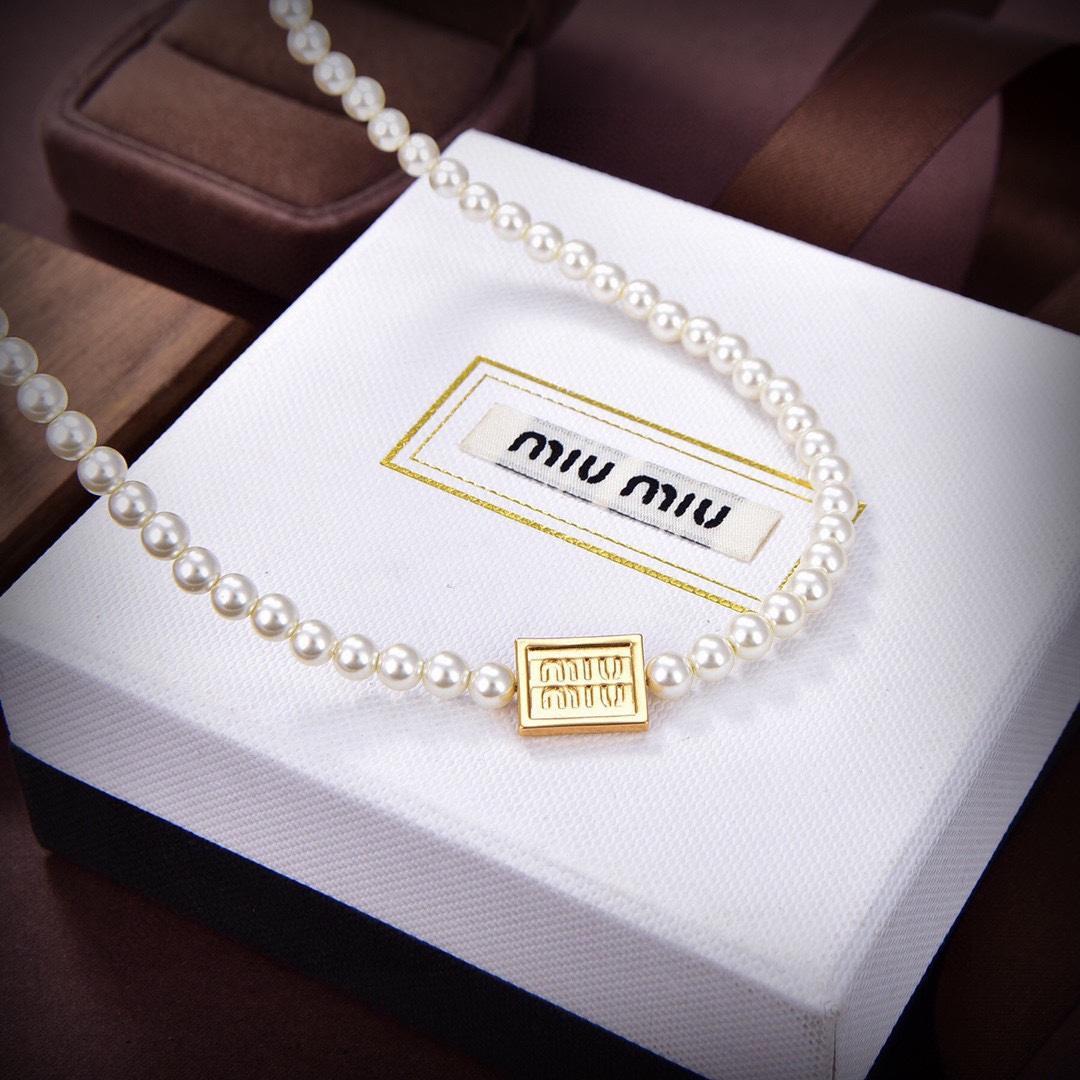 Miu Miu Logo-charm Beaded Choker Necklace - FashionPlug