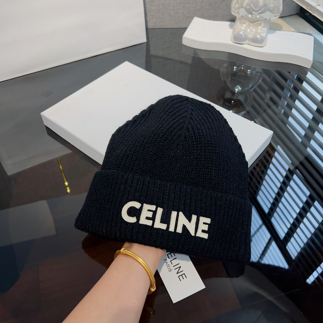 Celine  Embroidered Beanie In Ribbed Wool - FashionPlug