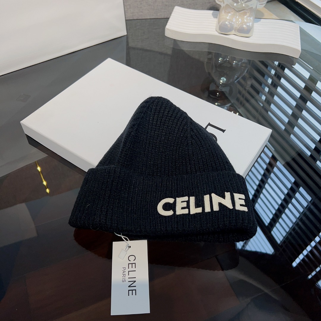 Celine  Embroidered Beanie In Ribbed Wool - FashionPlug