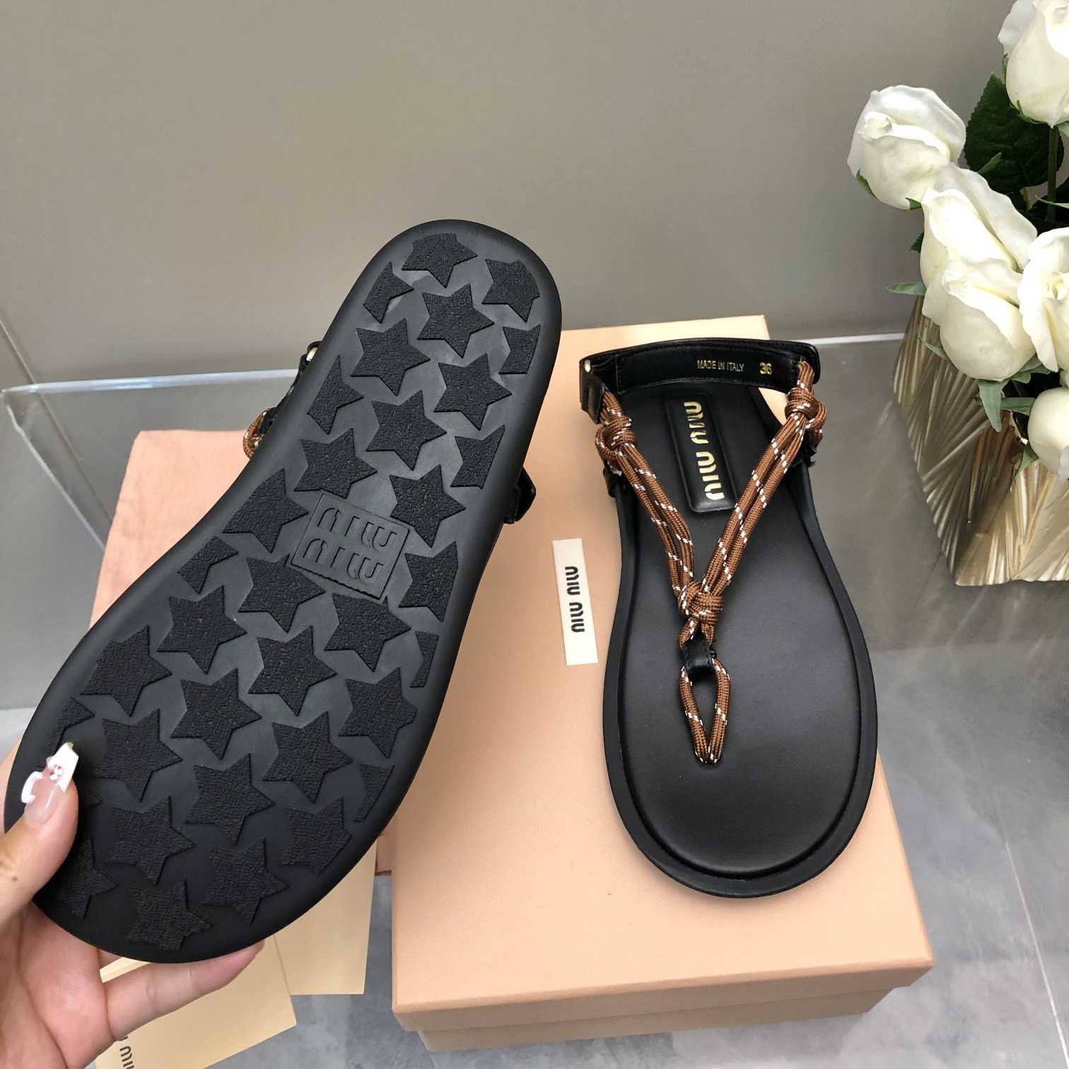 Miu Miu Riviere Cord And Leather Sandals - FashionPlug