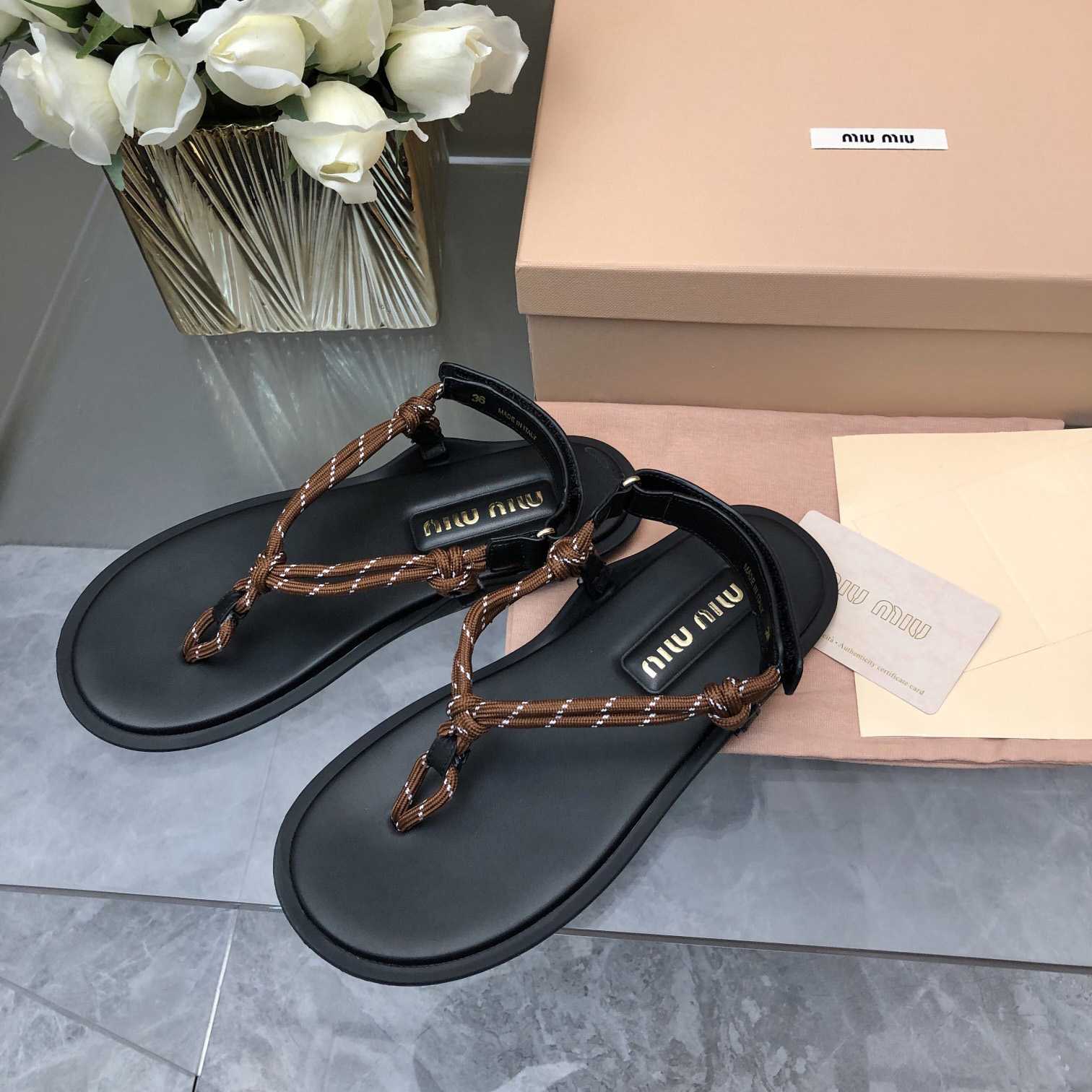 Miu Miu Riviere Cord And Leather Sandals - FashionPlug