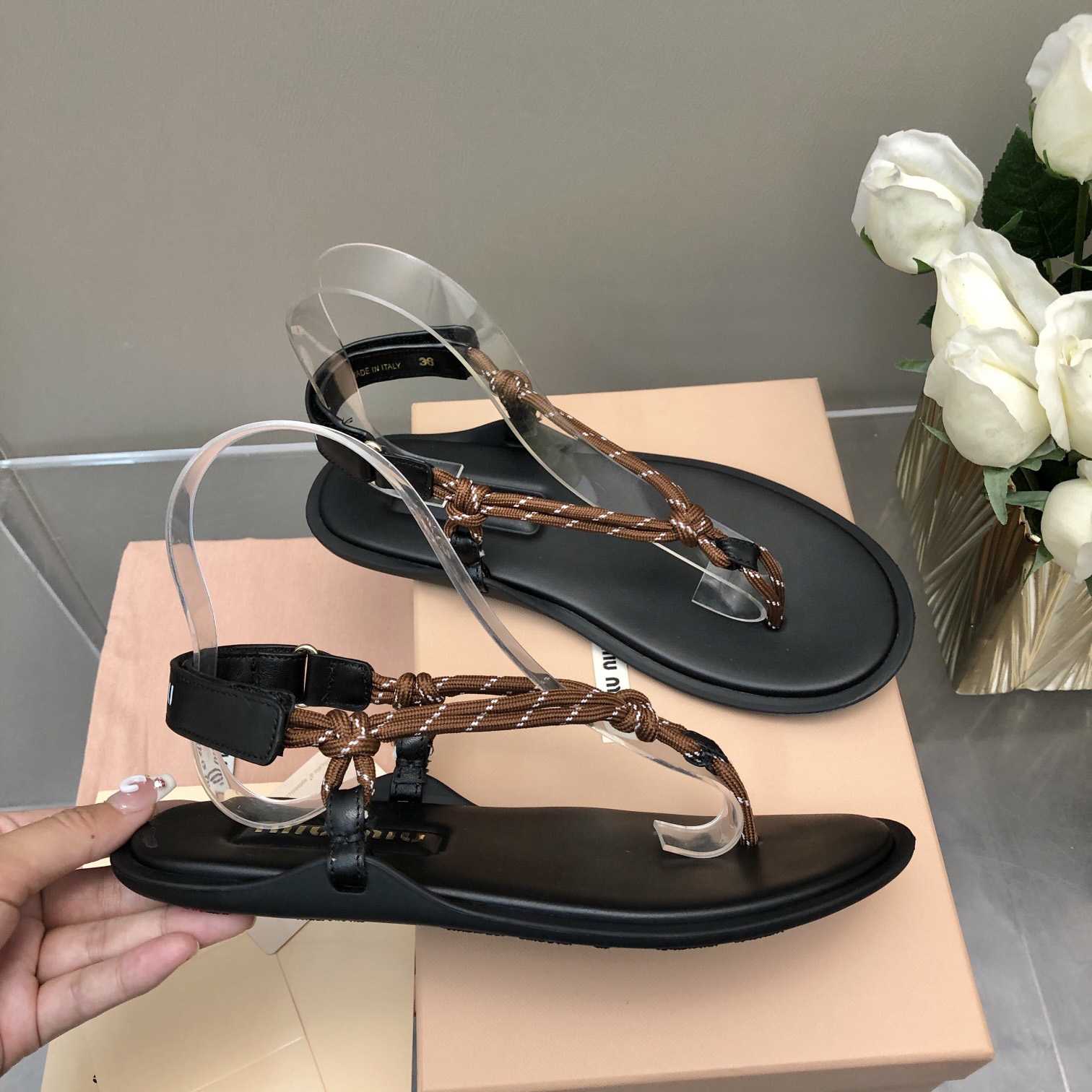 Miu Miu Riviere Cord And Leather Sandals - FashionPlug