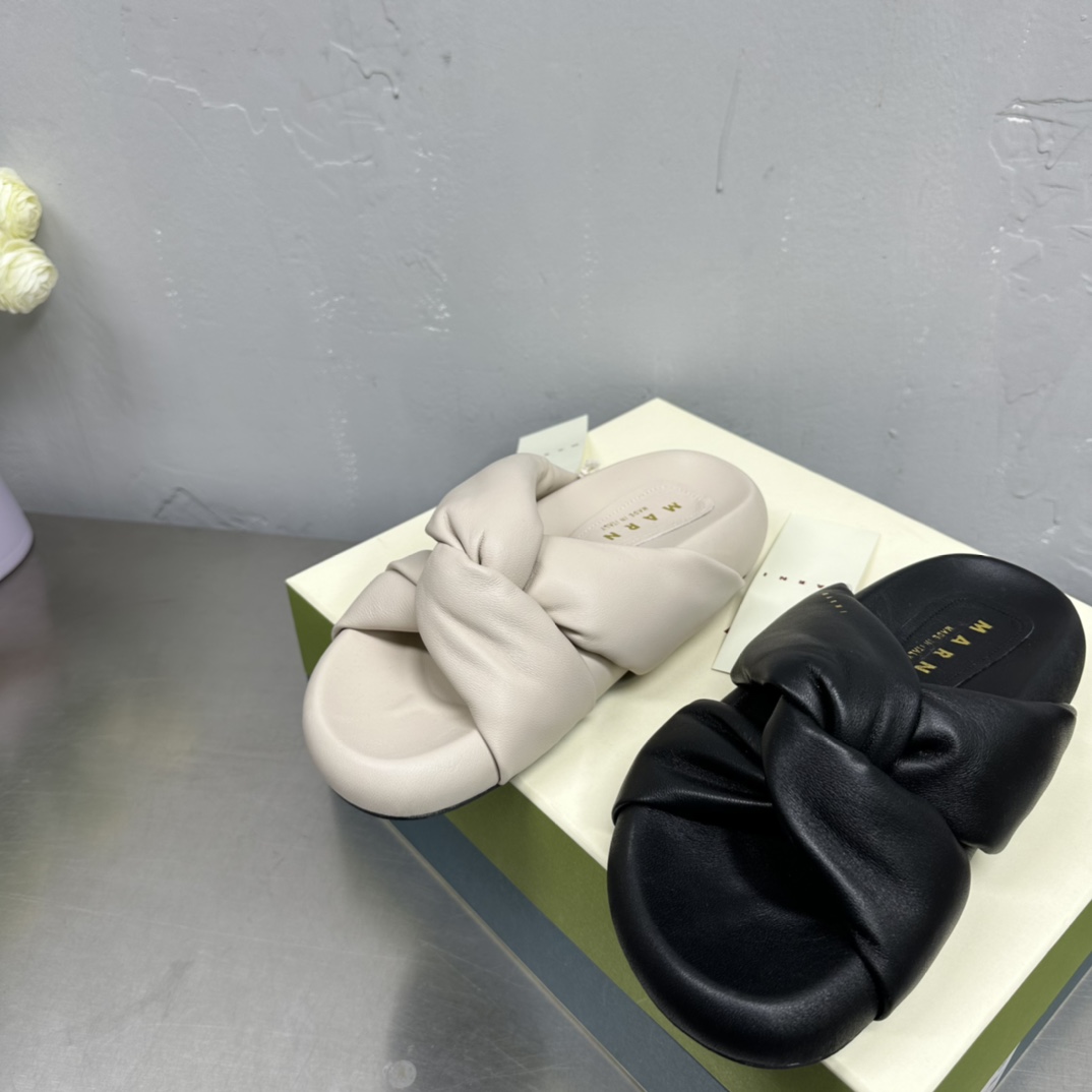 Marni Ivory Twisted Leather Bubble Sandal - FashionPlug