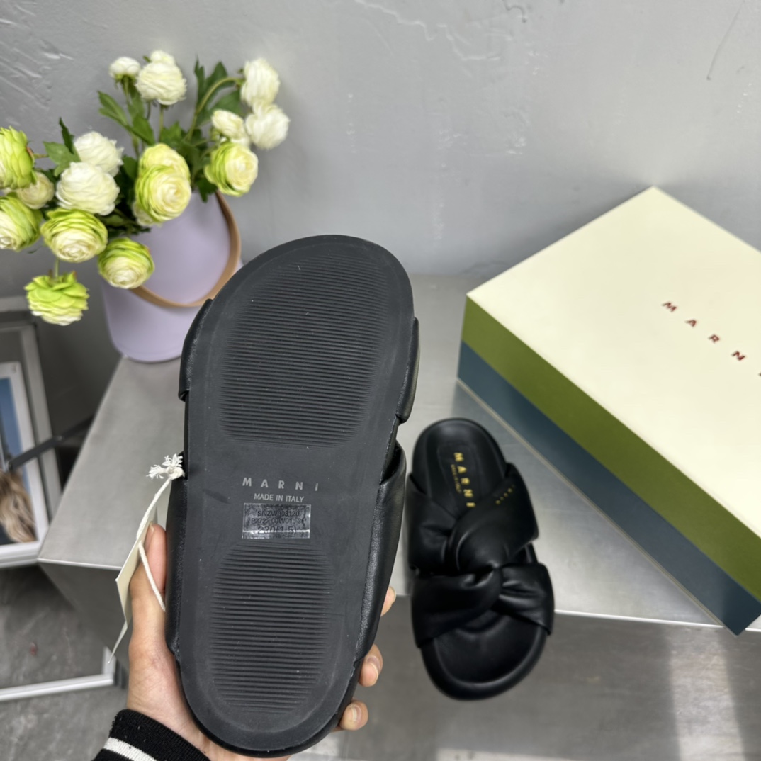 Marni Black Twisted Leather Bubble Sandal - FashionPlug