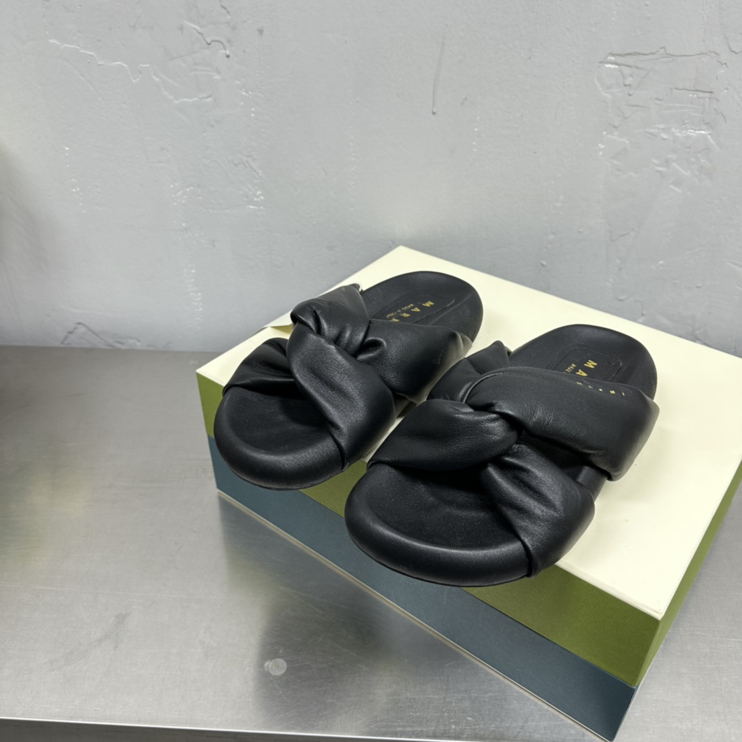 Marni Black Twisted Leather Bubble Sandal - FashionPlug